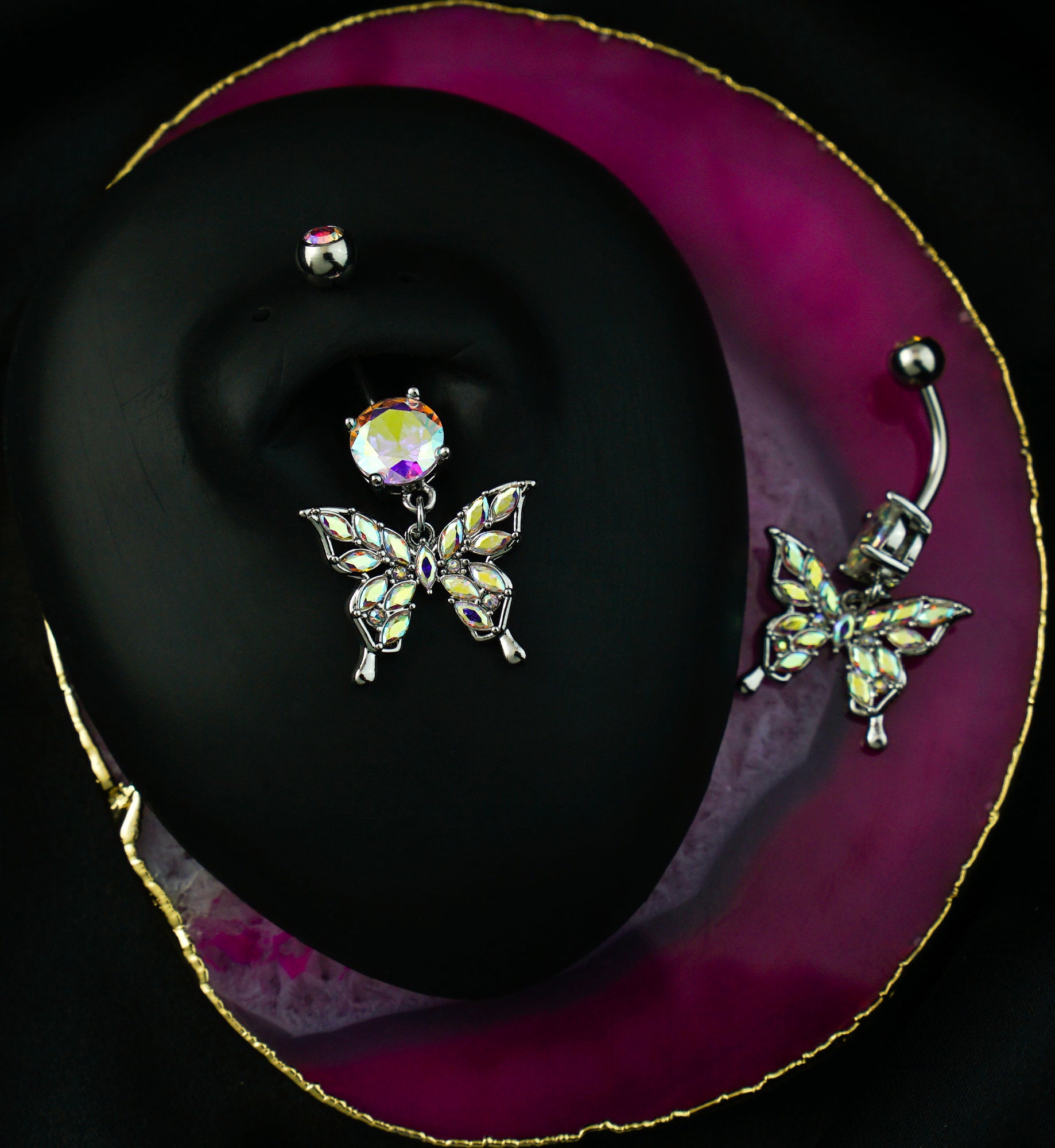 Butterfly Marquise Rainbow Aurora CZ Filled Dangle Stainless Steel Belly Button Ring