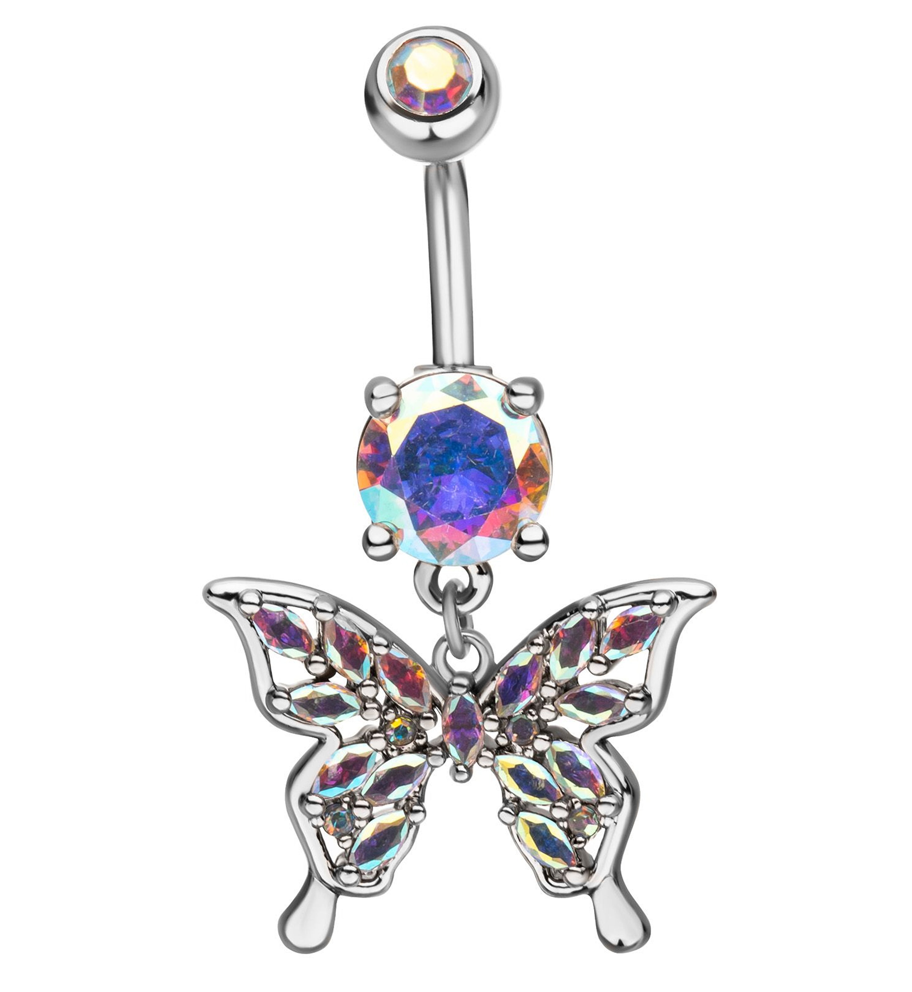 Butterfly Marquise Rainbow Aurora CZ Filled Dangle Stainless Steel Belly Button Ring