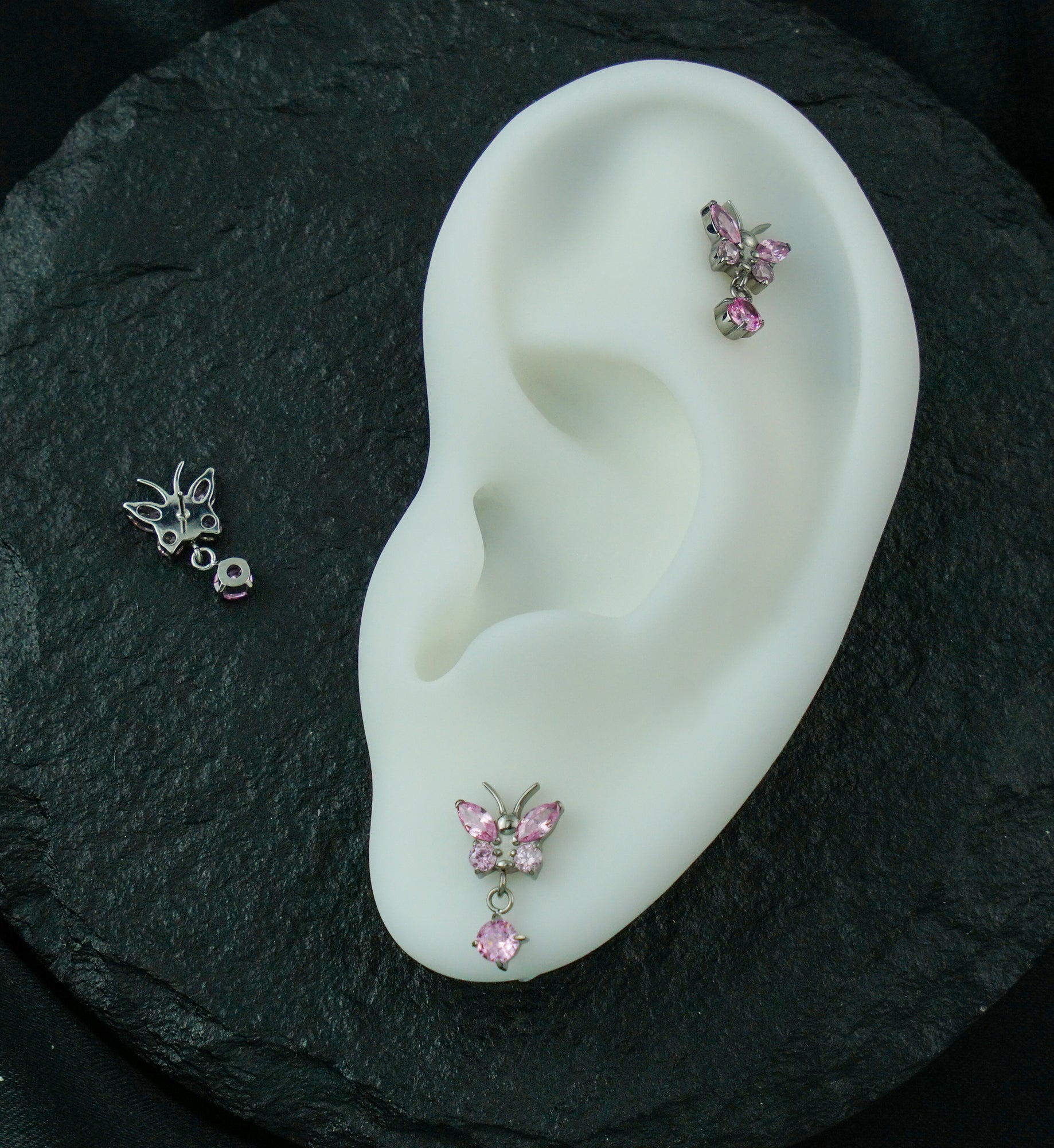 Butterfly Pink CZ Dangle Titanium Threadless Top