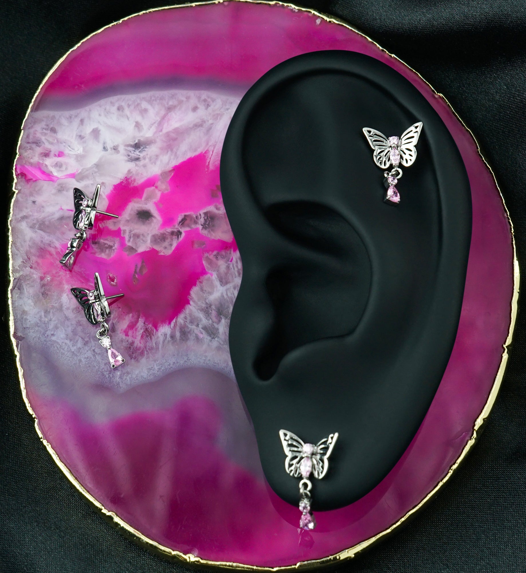 Butterfly Pink CZ Teardrop Dangle Titanium Threadless Top