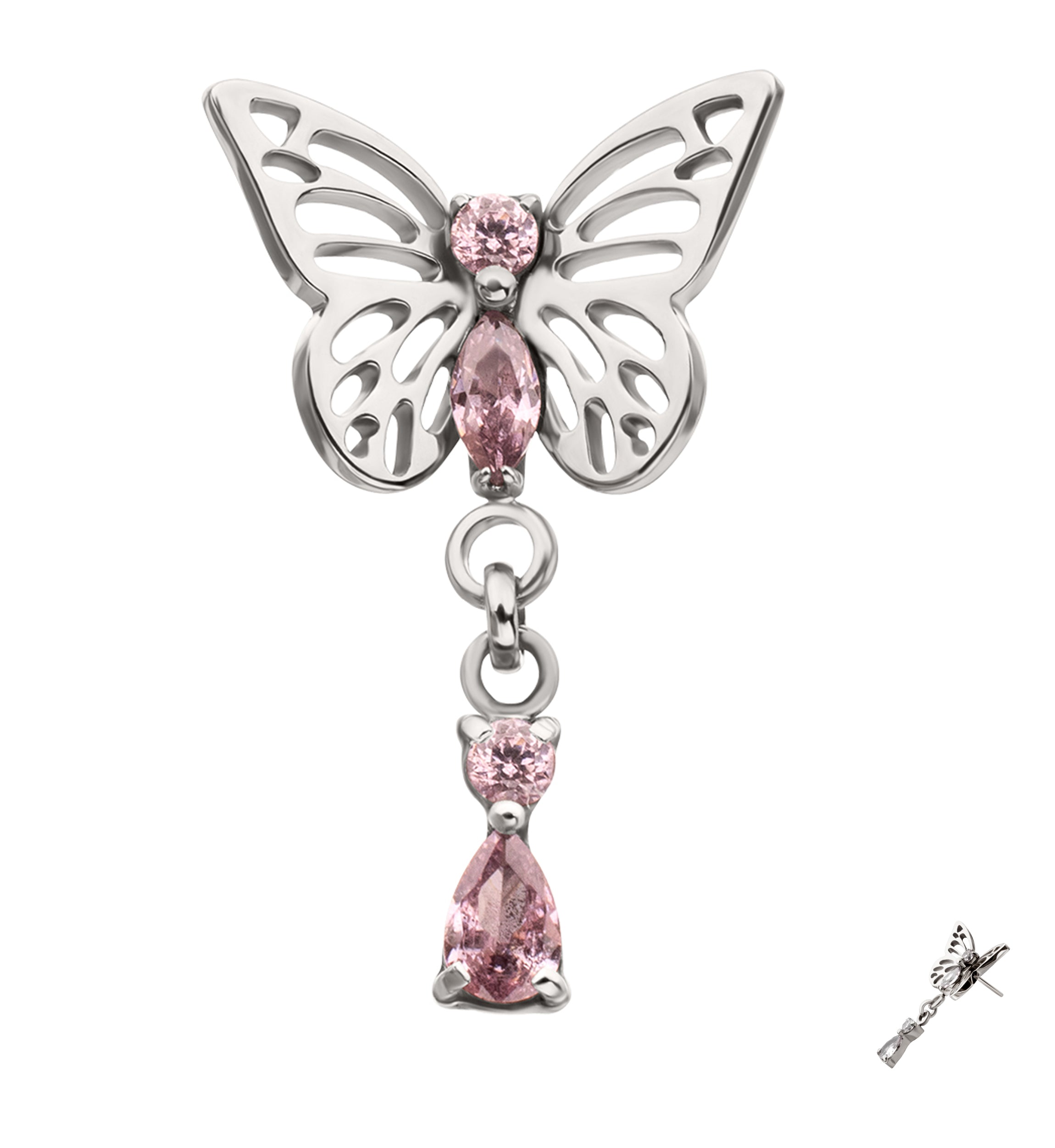Butterfly Pink CZ Teardrop Dangle Titanium Threadless Top