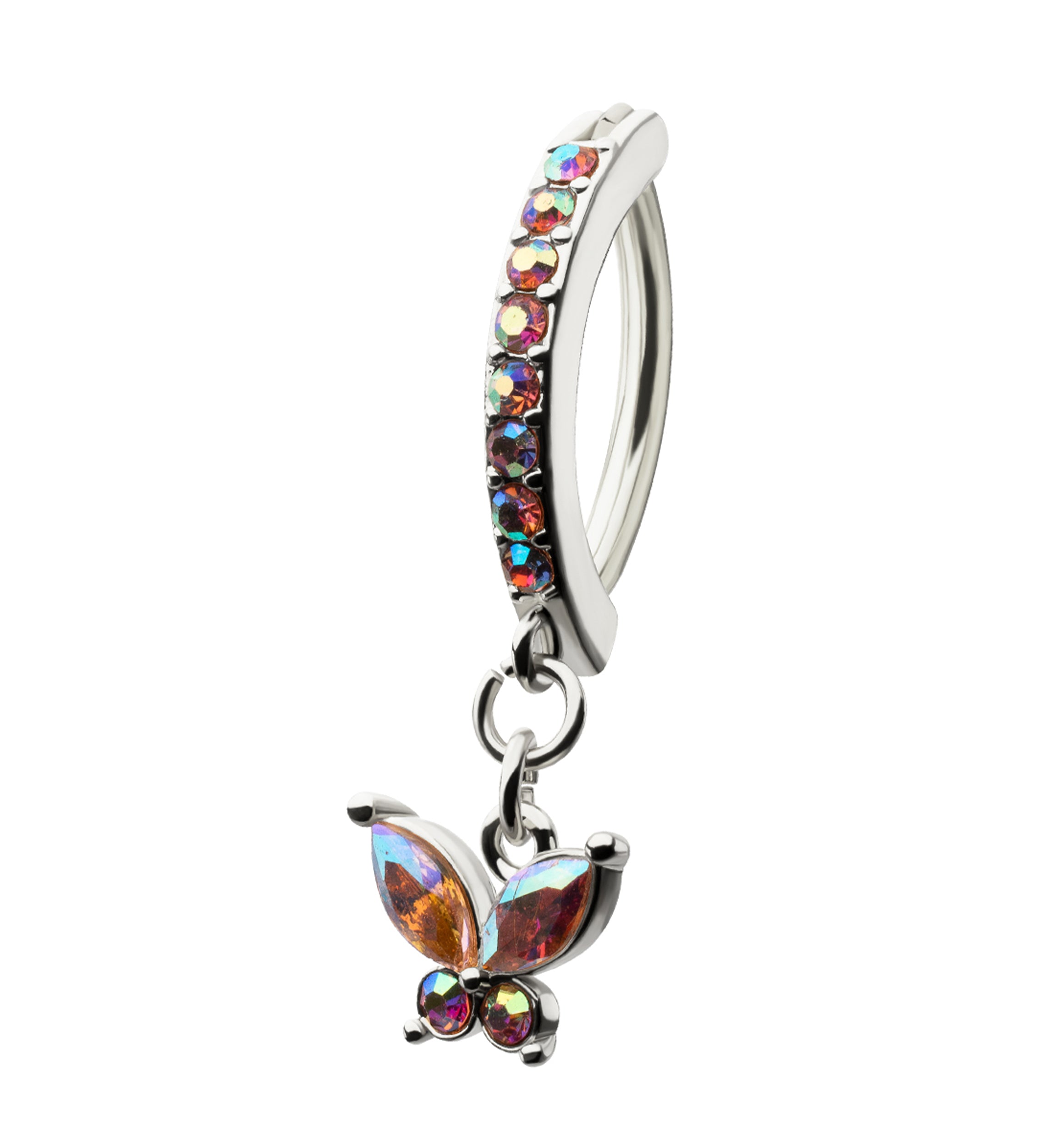 Butterfly Rainbow Aurora CZ Dangle Stainless Steel Hinged Belly Button Ring