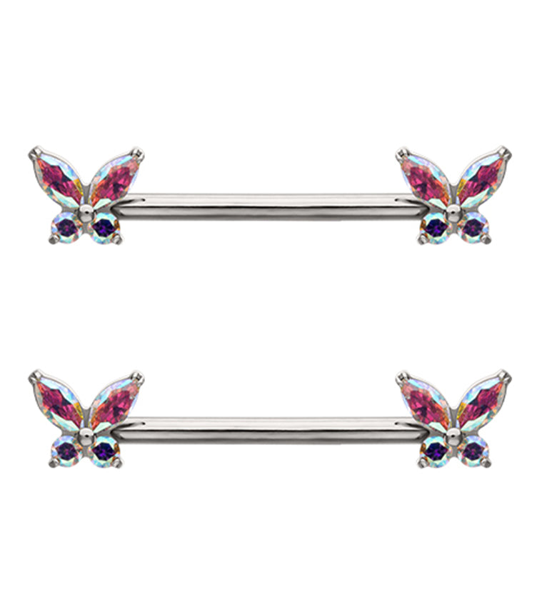 Butterfly Rainbow Aurora CZ Internally Threaded Titanium Nipple Barbell