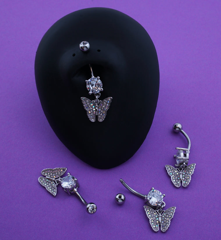 Butterfly Rainbow Aurora CZ Stainless Steel Belly Button Ring
