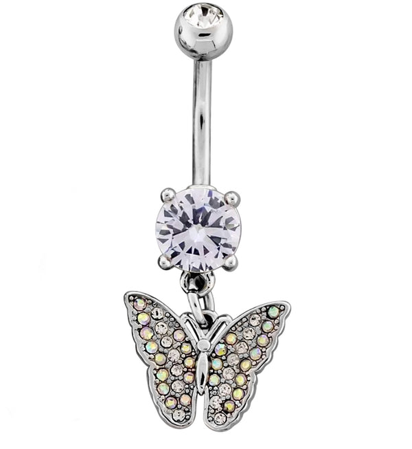 Butterfly Rainbow Aurora CZ Stainless Steel Belly Button Ring