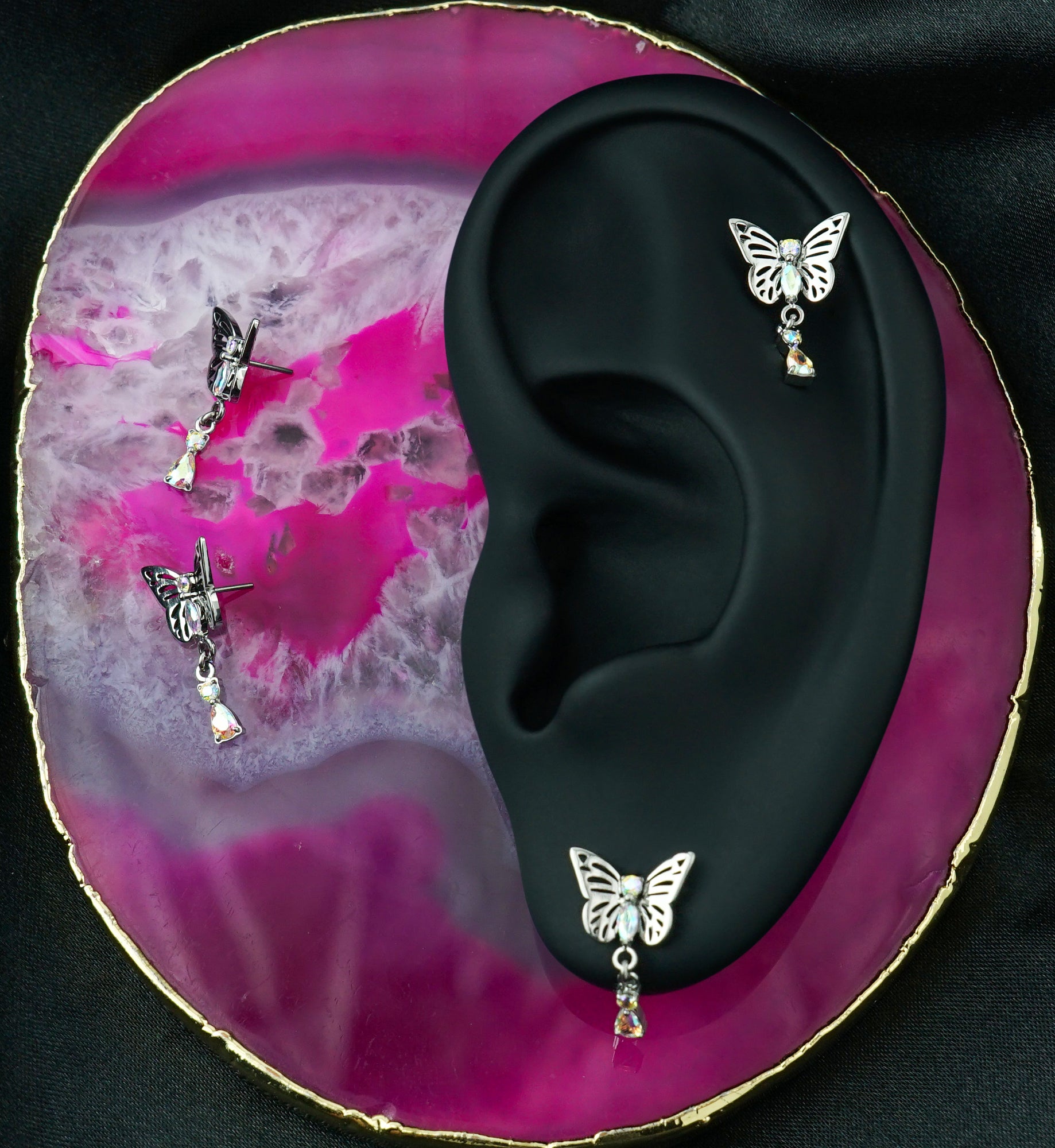 Butterfly Rainbow Aurora CZ Teardrop Dangle Titanium Threadless Top