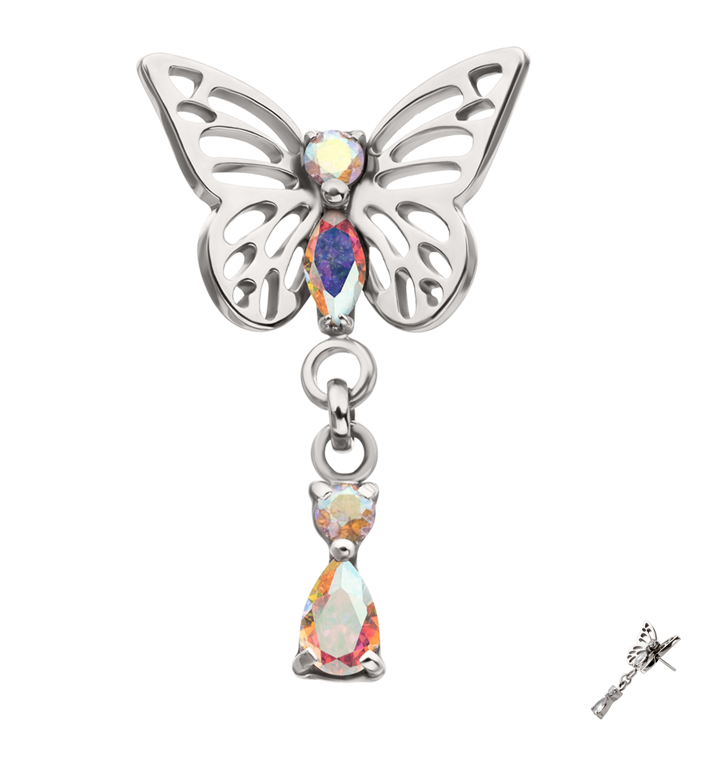 Butterfly Rainbow Aurora CZ Teardrop Dangle Titanium Threadless Top