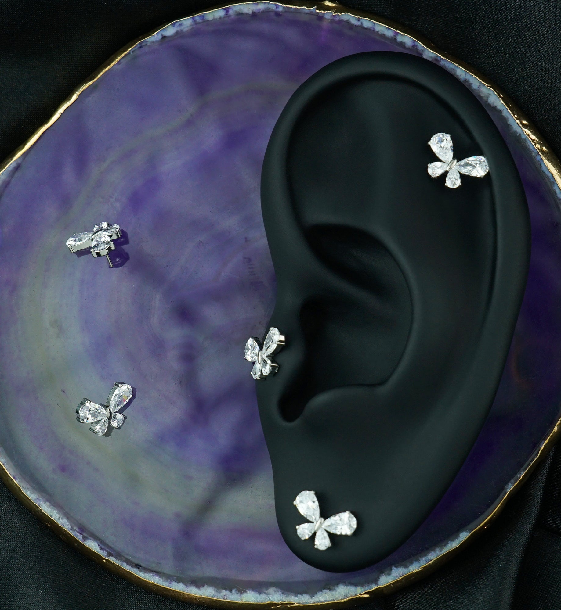 Butterfly Teardrop Clear CZ Titanium Threadless Top