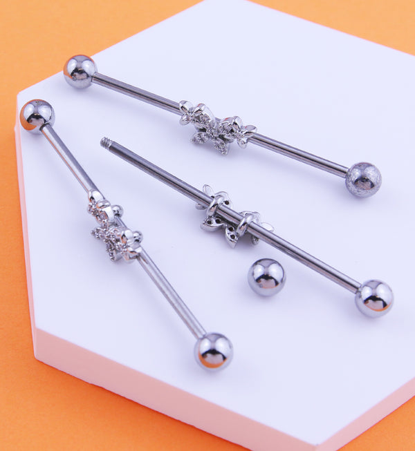 Butterfly Trio Clear CZ Stainless Steel Industrial Barbell
