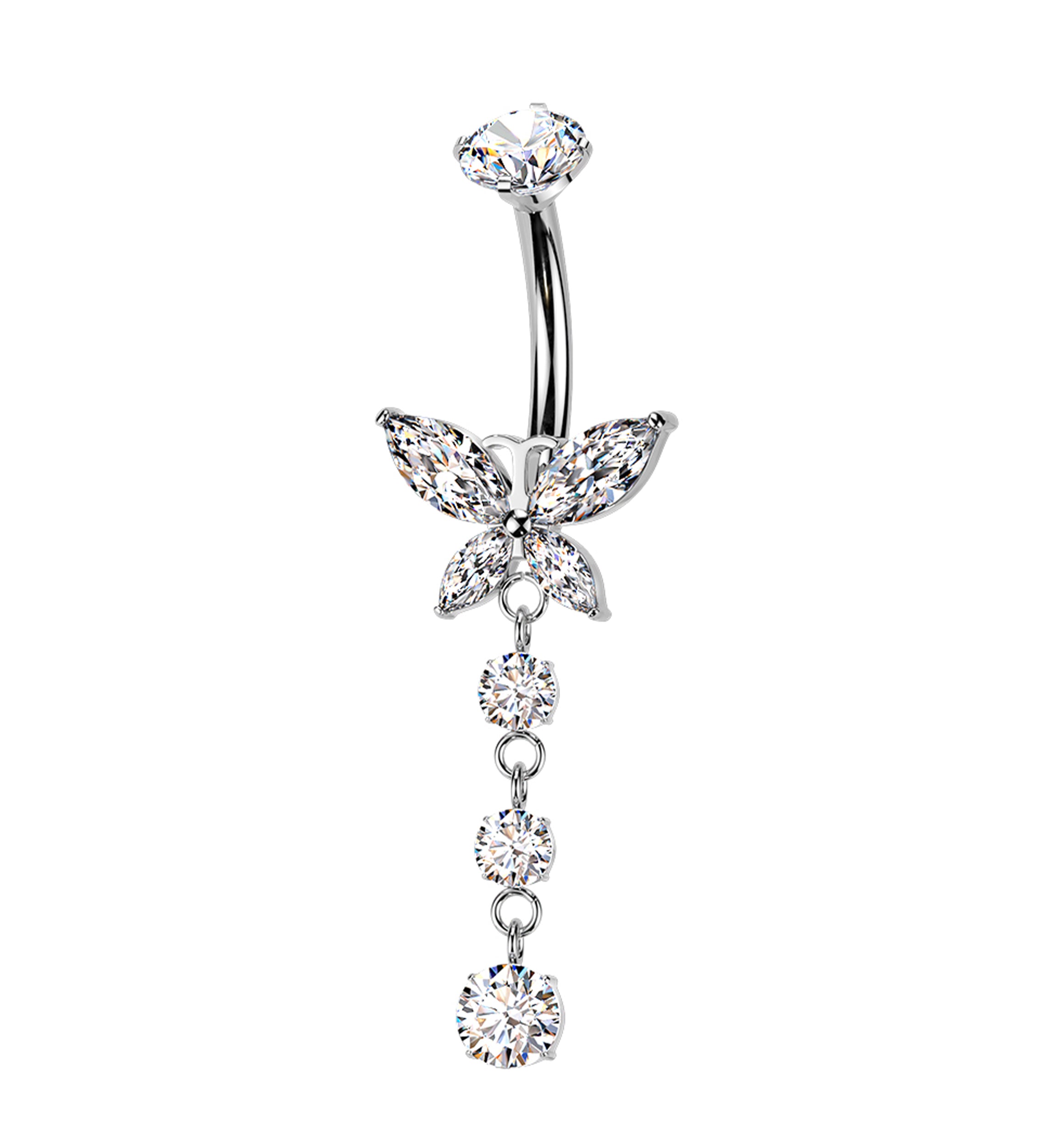 Butterfly Triple Dangle Clear CZ Titanium Internally Threaded Belly Button Ring