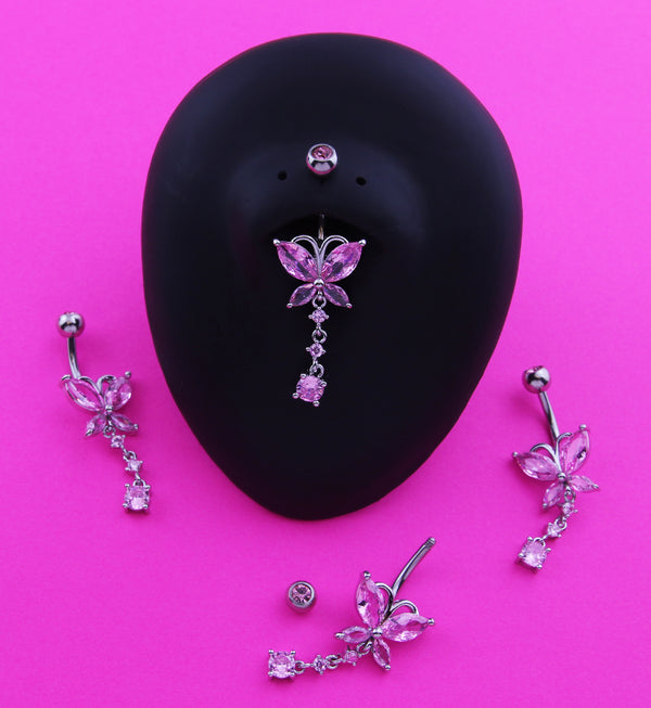 Butterfly Triple Dangle Pink CZ Stainless Steel Belly Button Ring