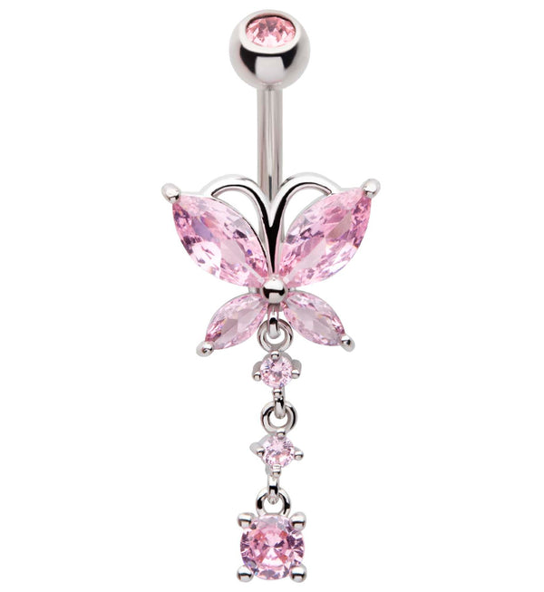 Butterfly Triple Dangle Pink CZ Stainless Steel Belly Button Ring