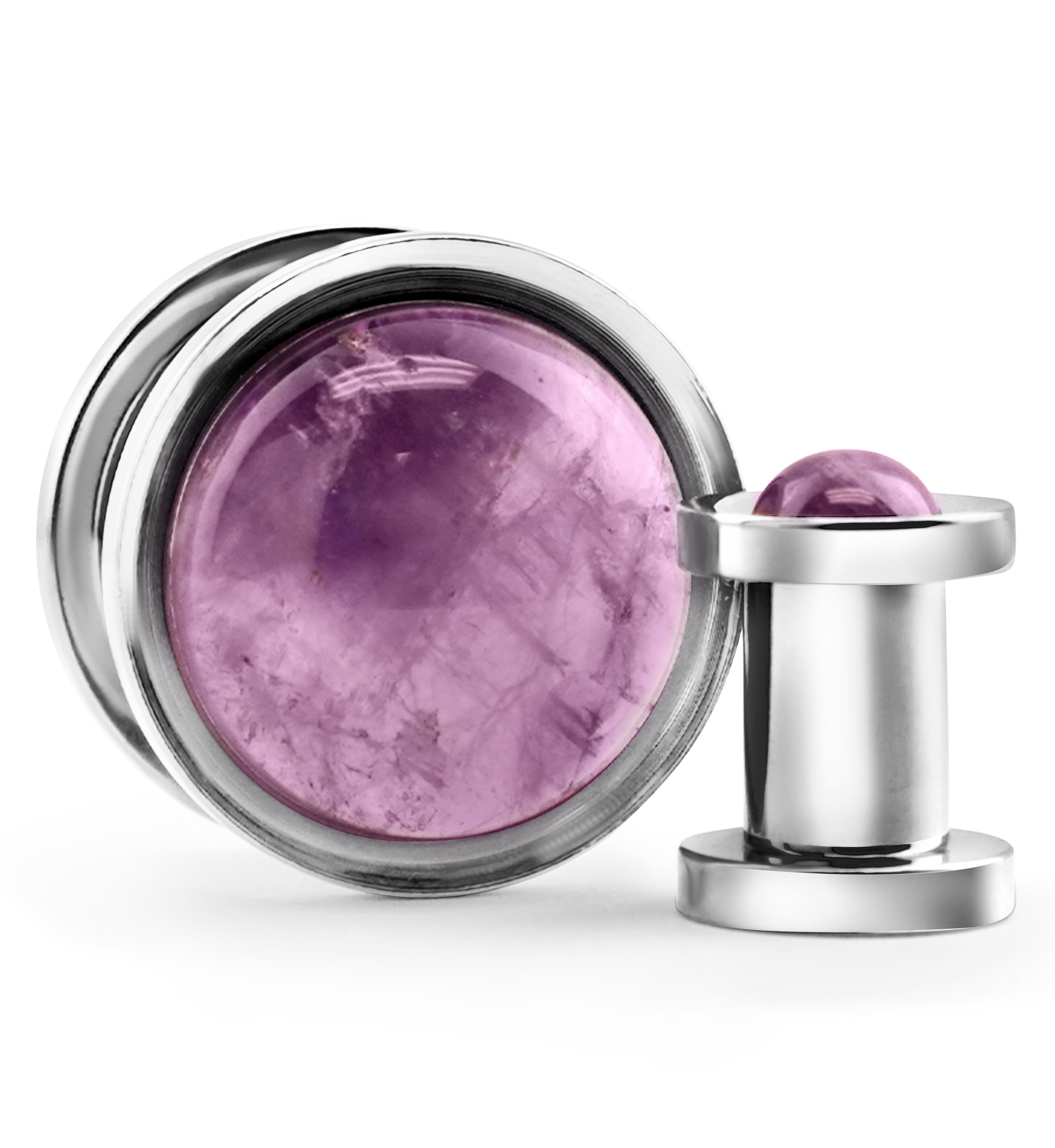 Cabochon Amethyst Stainless Steel Screw Back Tunnel Plugs