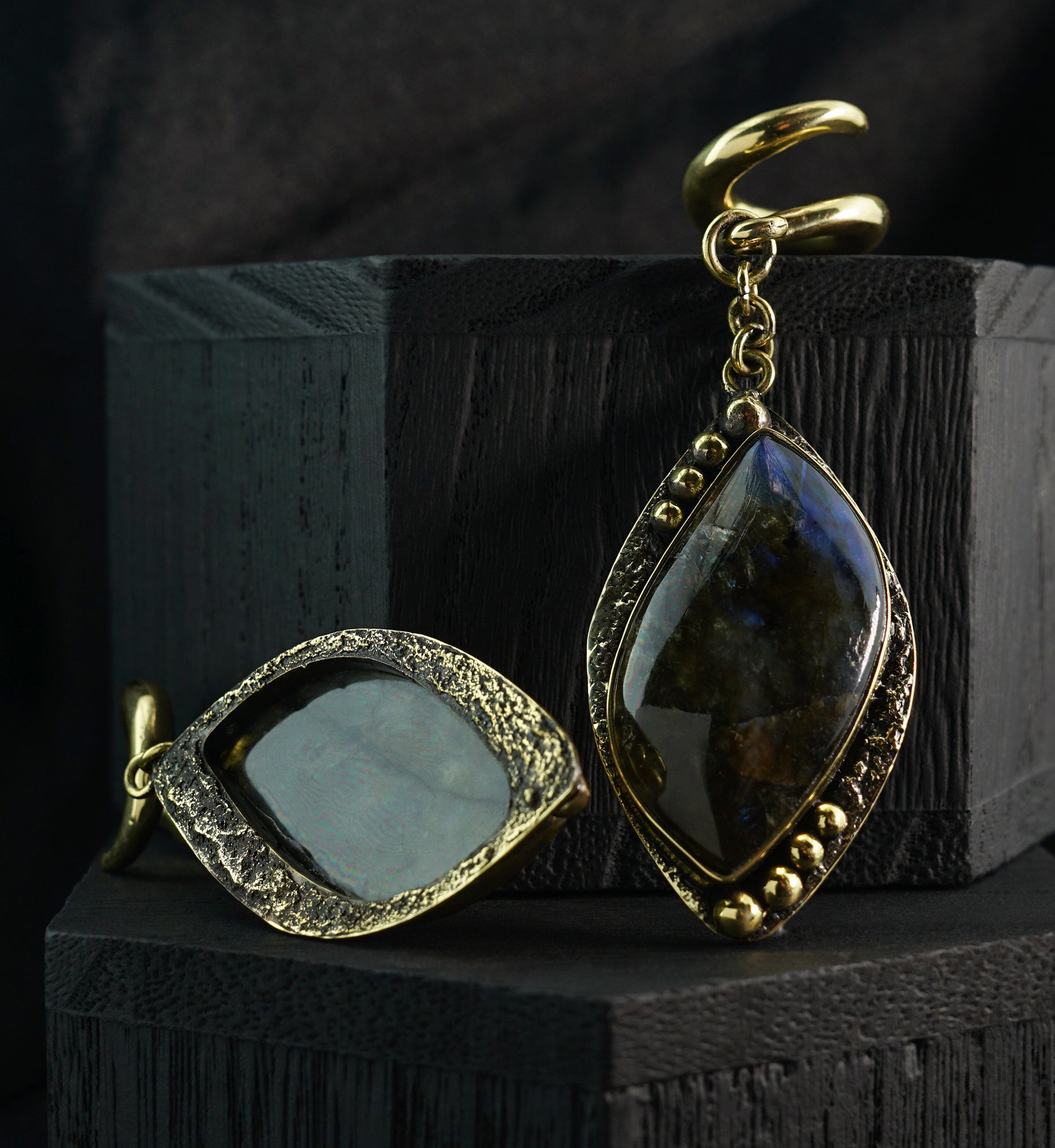 Camber Labradorite Stone Hanging Brass Ear Weights