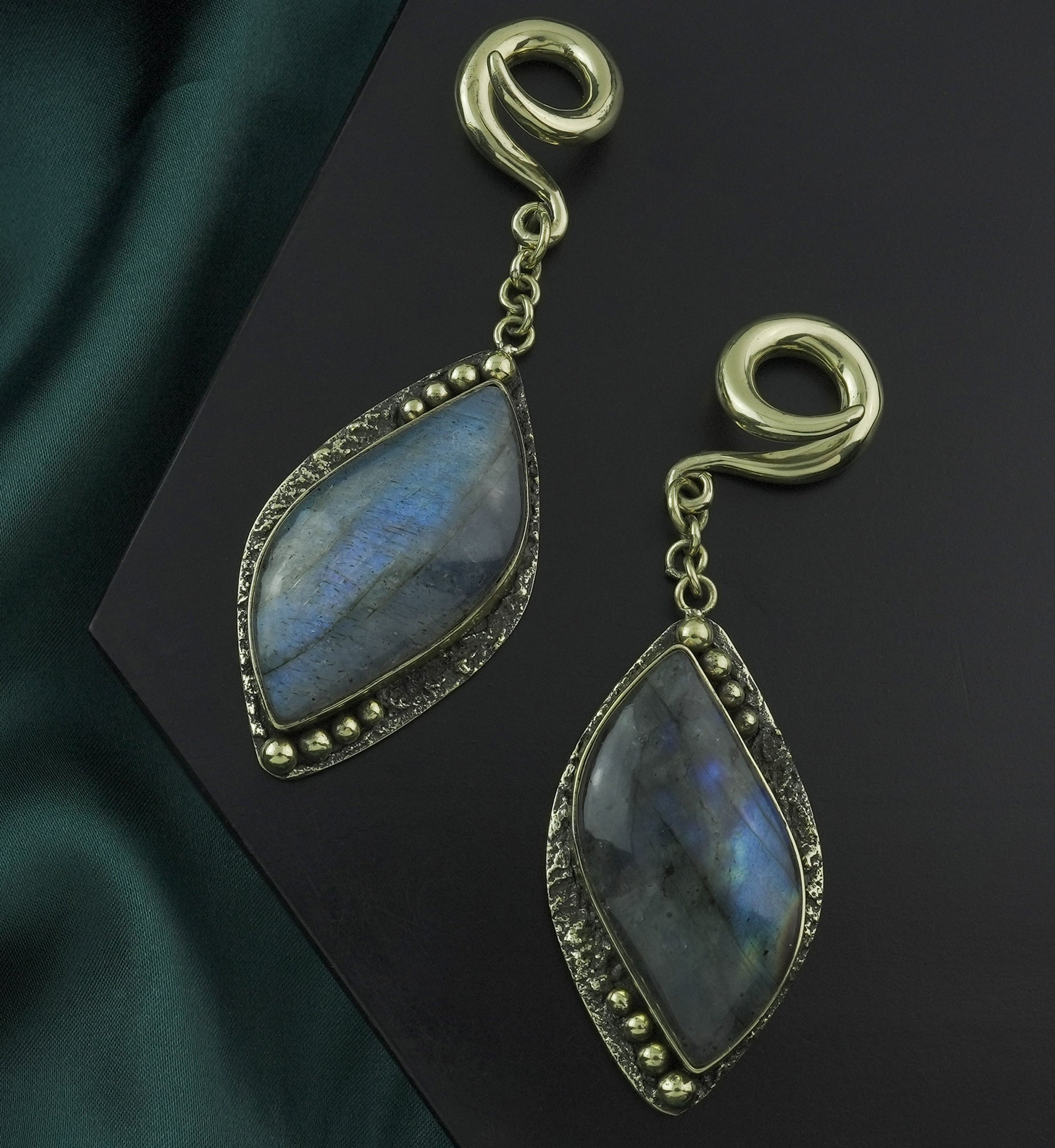 Camber Labradorite Stone Hanging Brass Ear Weights