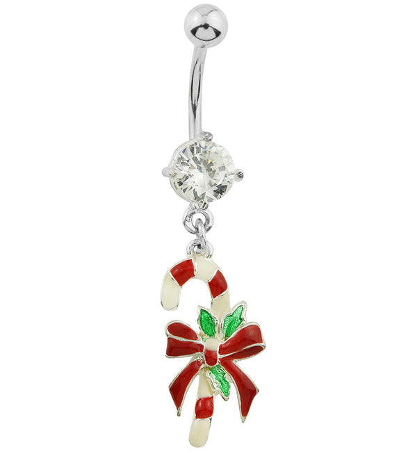 Candy Cane Dangle Clear CZ Stainless Steel Belly Button Ring