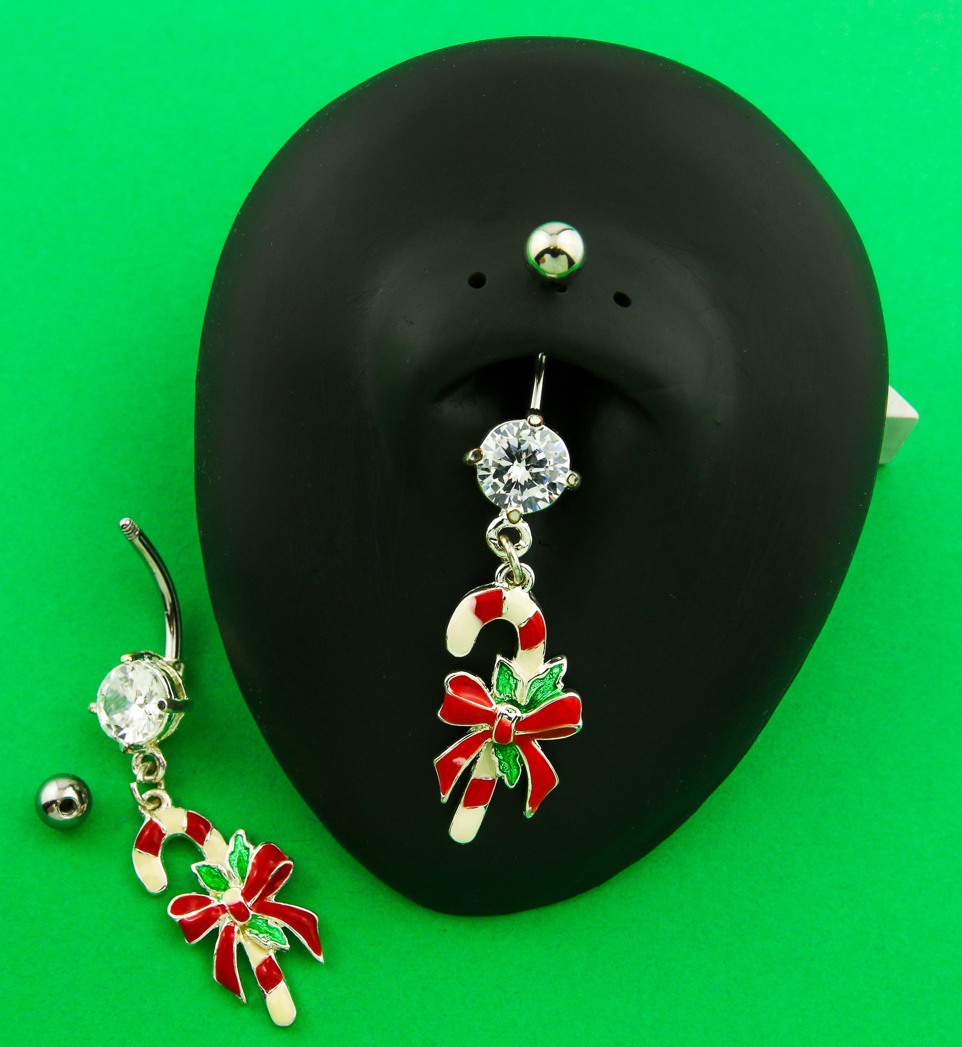 Candy Cane Dangle Clear CZ Stainless Steel Belly Button Ring