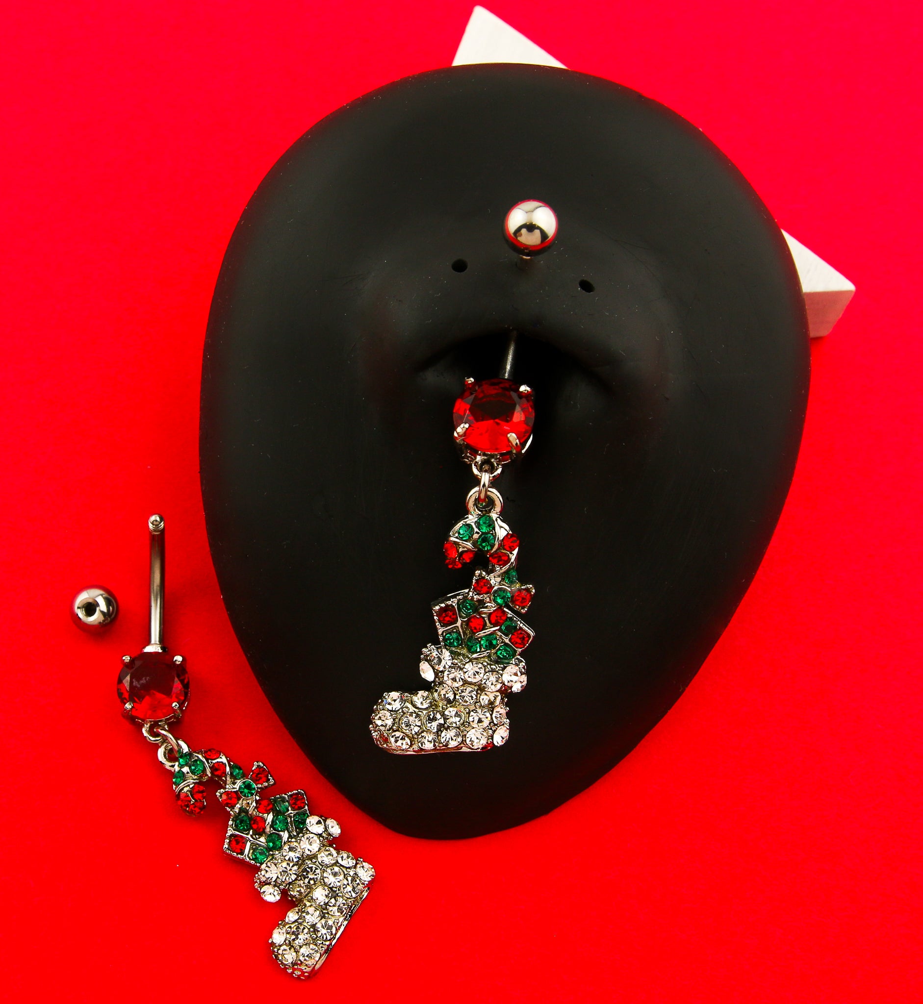 Candy Cane Stocking Dangle CZ Stainless Steel Belly Button Ring