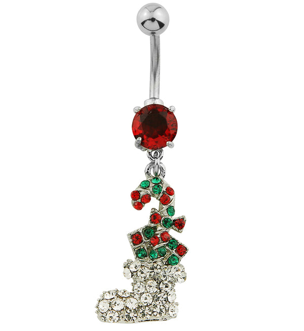 Candy Cane Stocking Dangle CZ Stainless Steel Belly Button Ring
