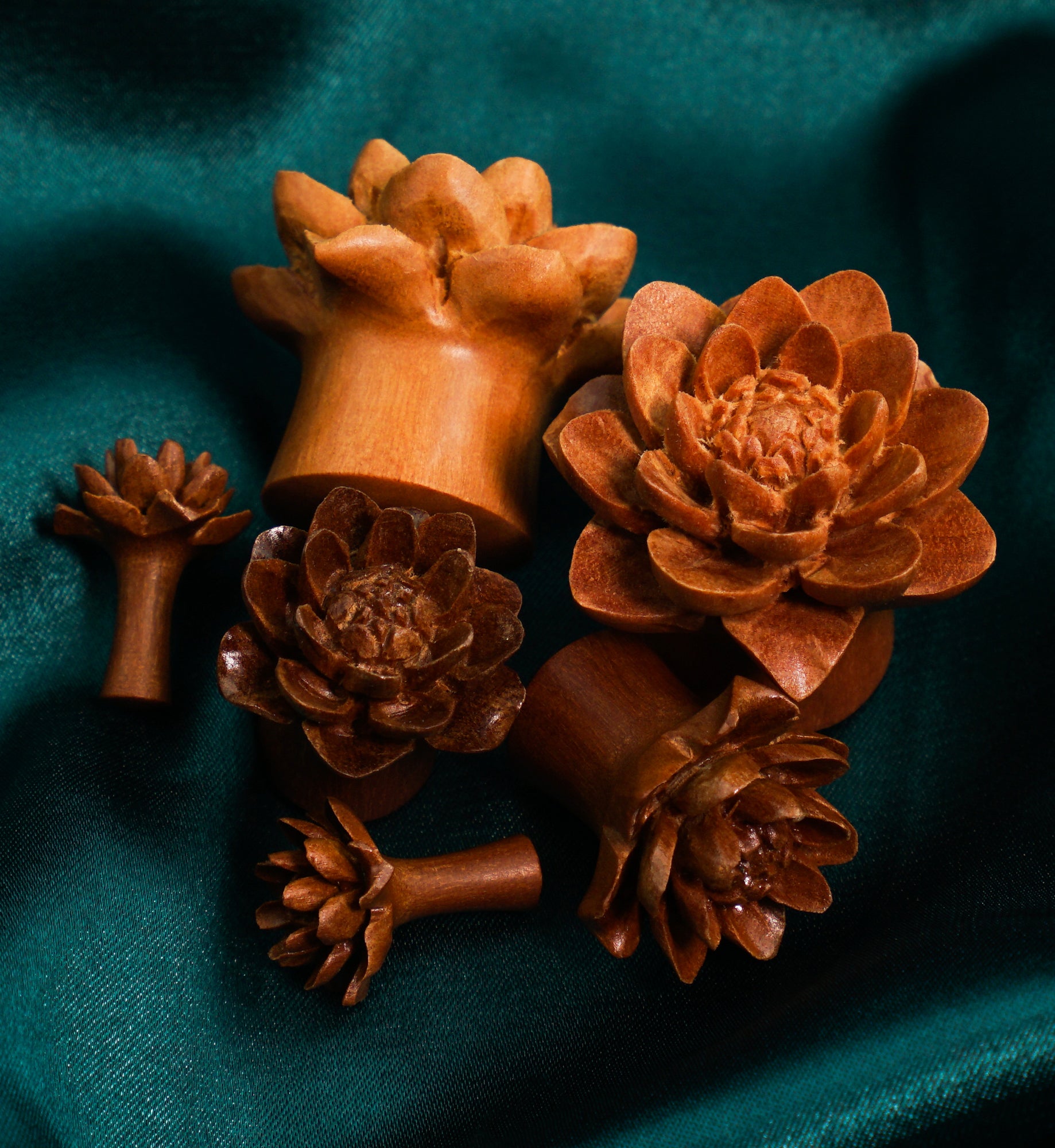 Carved Camellia Flower Wood Plugs (8G - 1 & 1/4