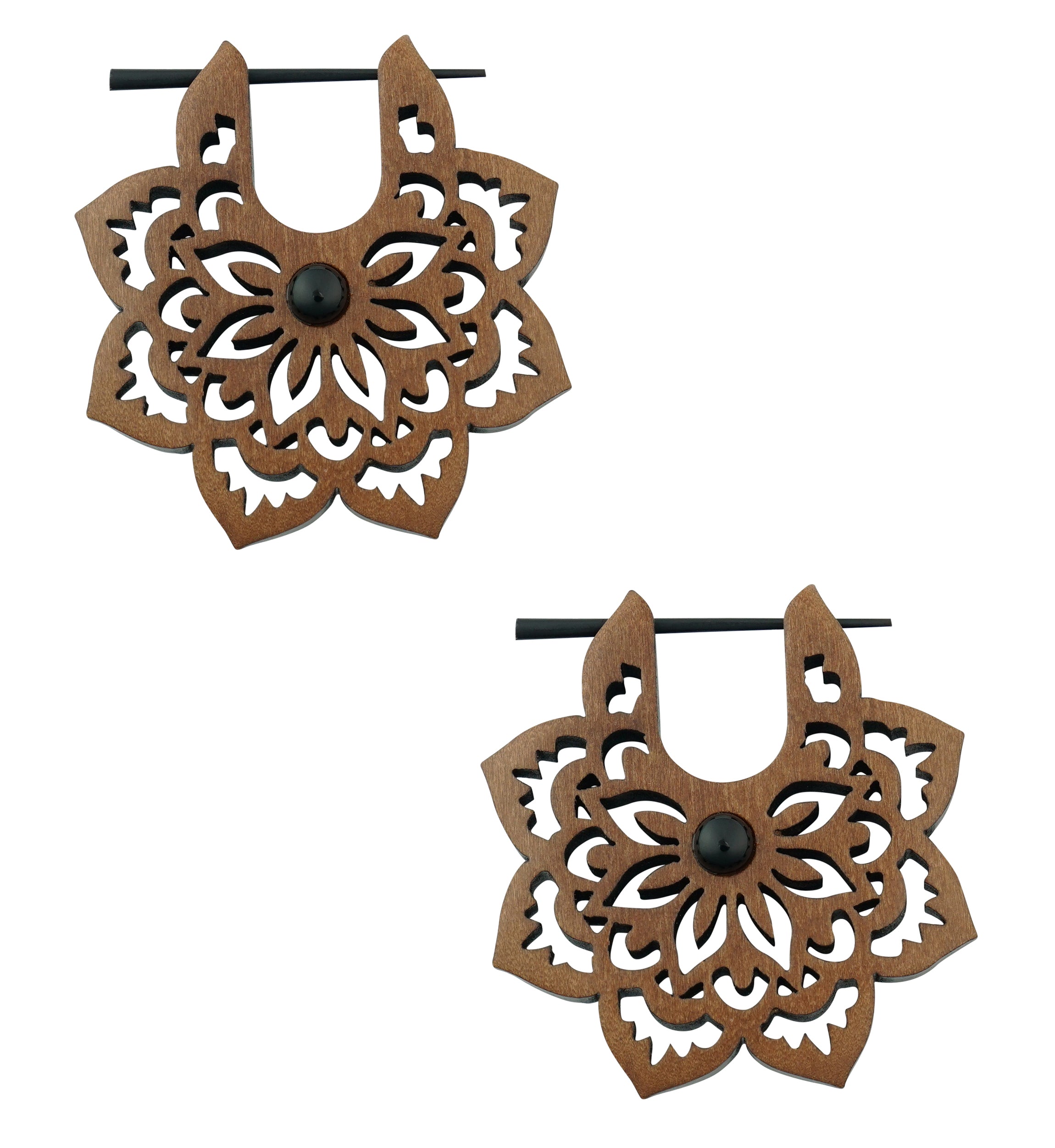 Carved Floral Black Onyx Inlay Sawo Wood Earrings