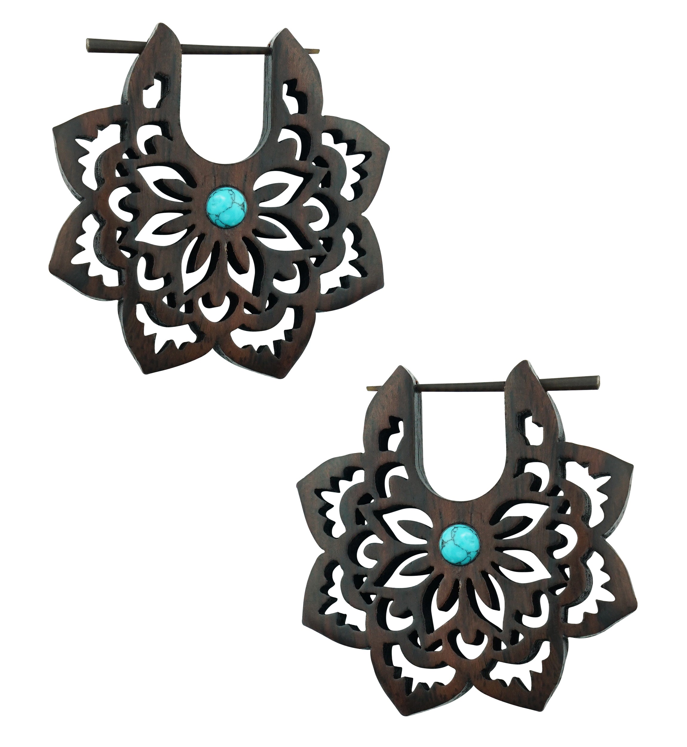 Carved Floral Howlite Turquoise Inlay Narra Wood Earrings