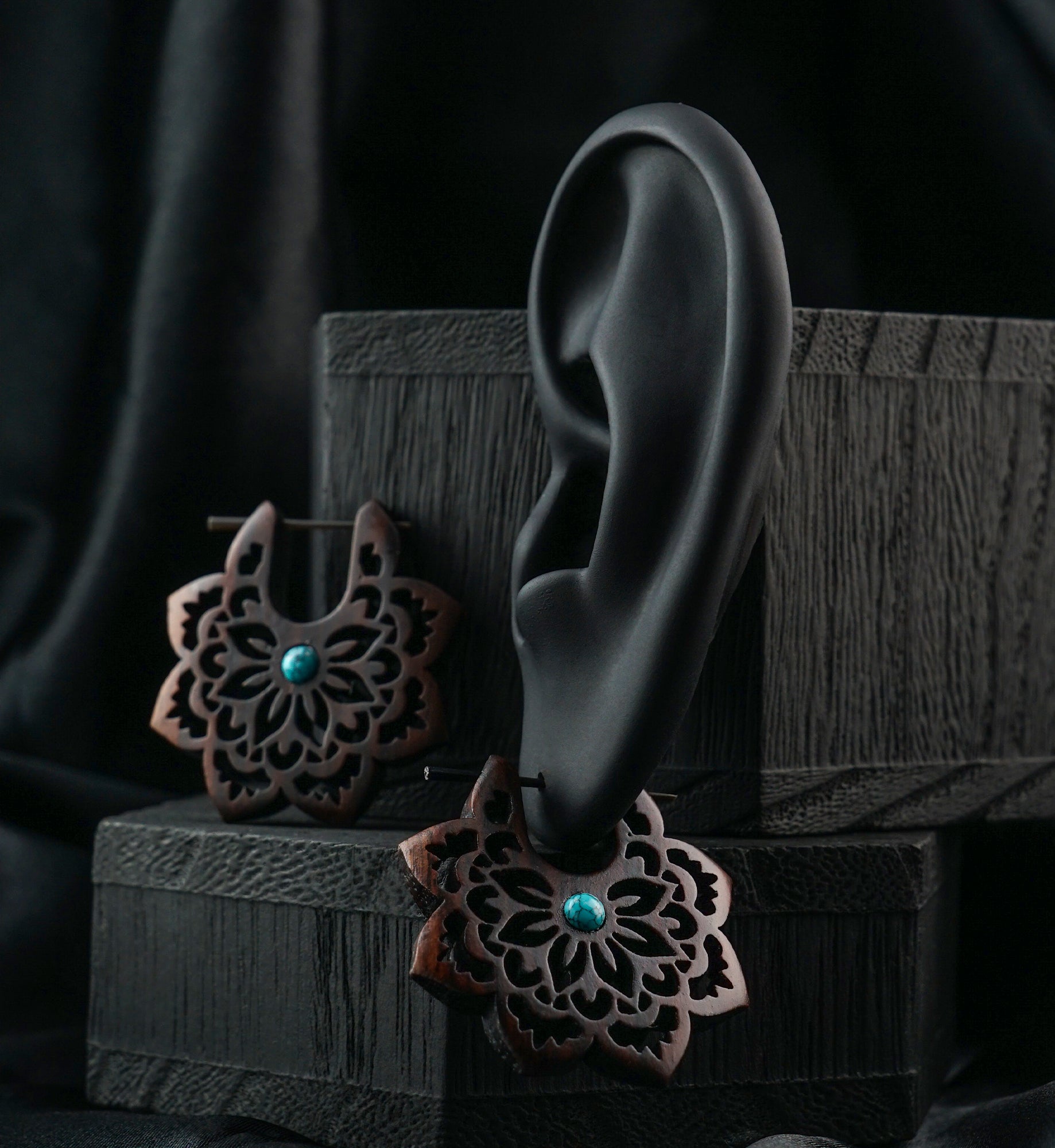 Carved Floral Howlite Turquoise Inlay Narra Wood Earrings