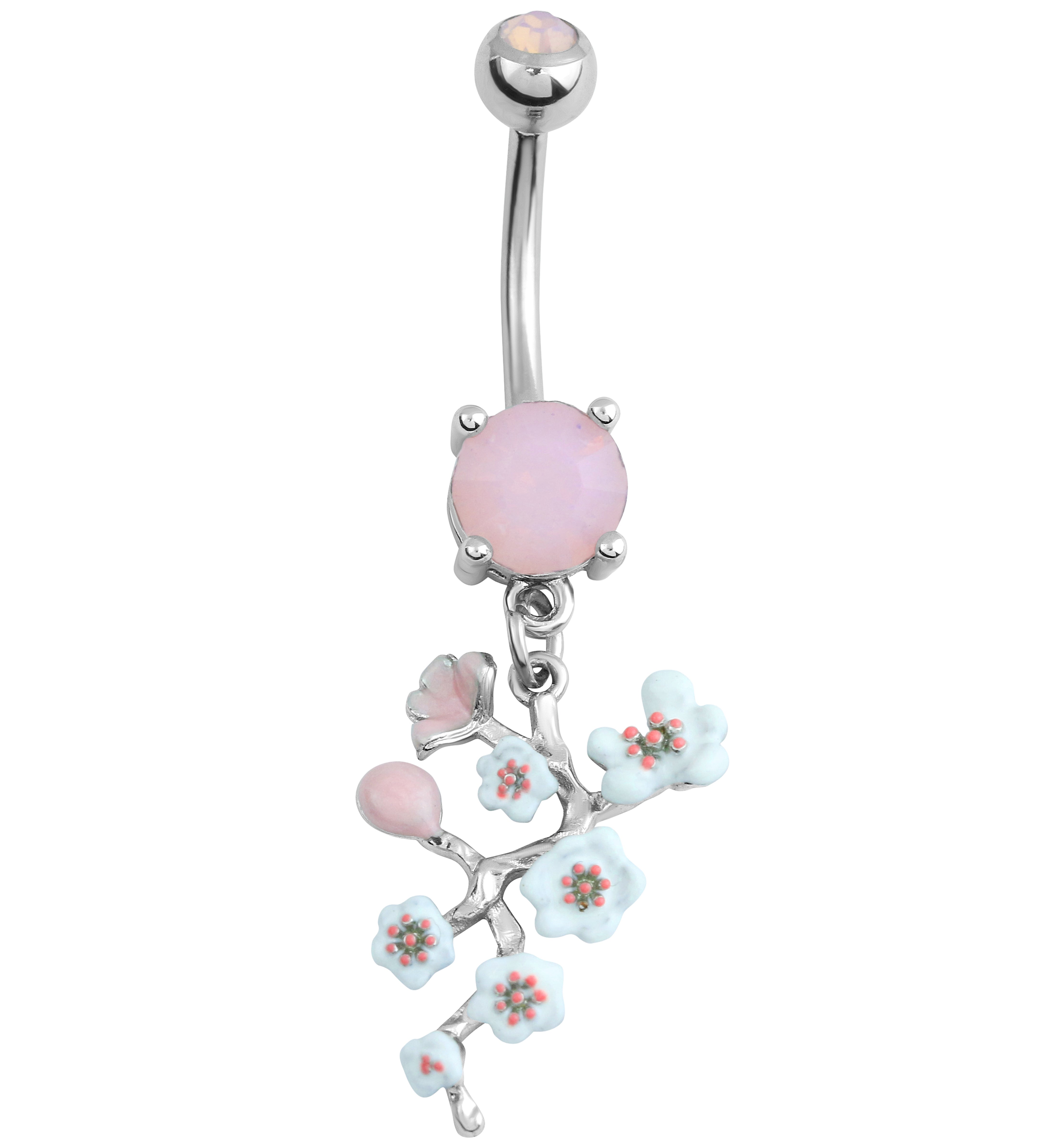 Cherry Blossom Vine Rose Quartz CZ Stainless Steel Belly Button Ring