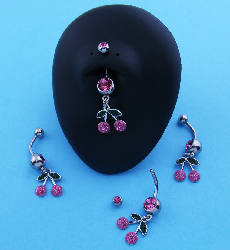 Cherry Pink CZ Dangle Stainless Steel Belly Button Ring