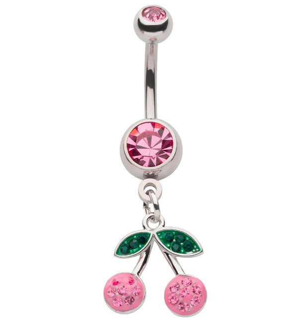 Cherry Pink CZ Dangle Stainless Steel Belly Button Ring