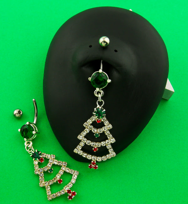 Christmas Tree Dangle Green CZ Stainless Steel Belly Button Ring