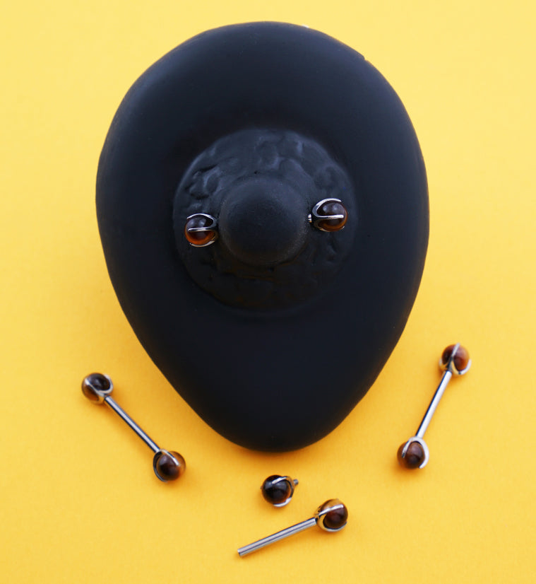 Claw Tiger Eye Stone Internally Threaded Titanium Nipple Barbells
