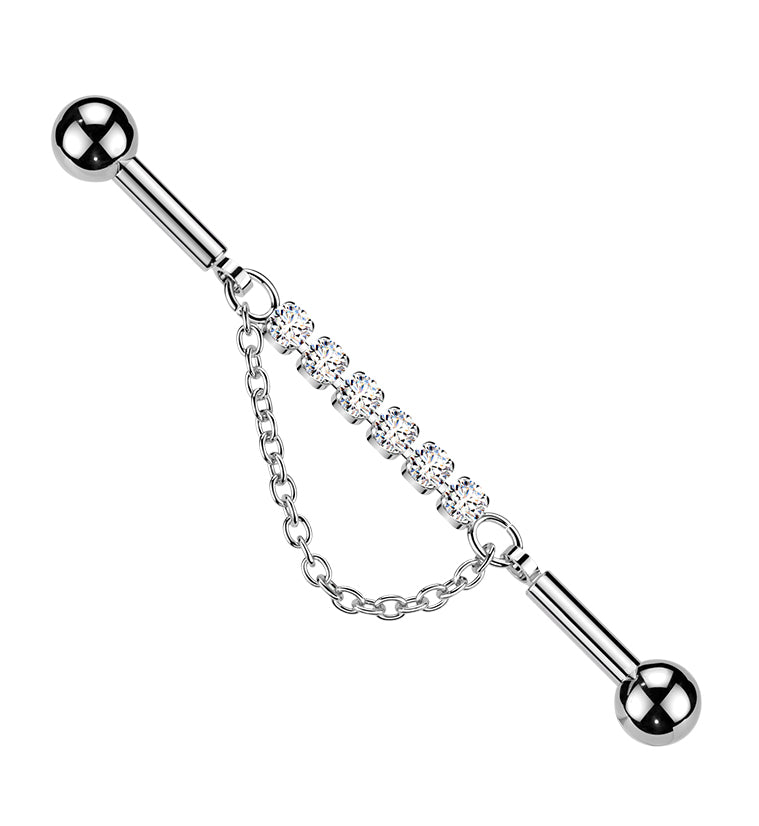 Clear CZ Link Dangle Chain Externally Threaded Stainless Steel Barbell
