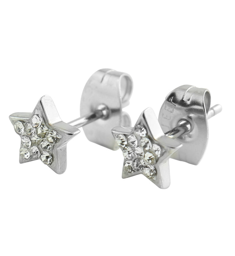9ct Gold & Clear CZ Crystal 22Ga Moon & Star Nose Stud Piercings