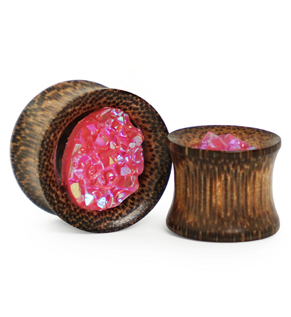 Coconut Wood Tunnels With Pink Druzy Stone Inlay