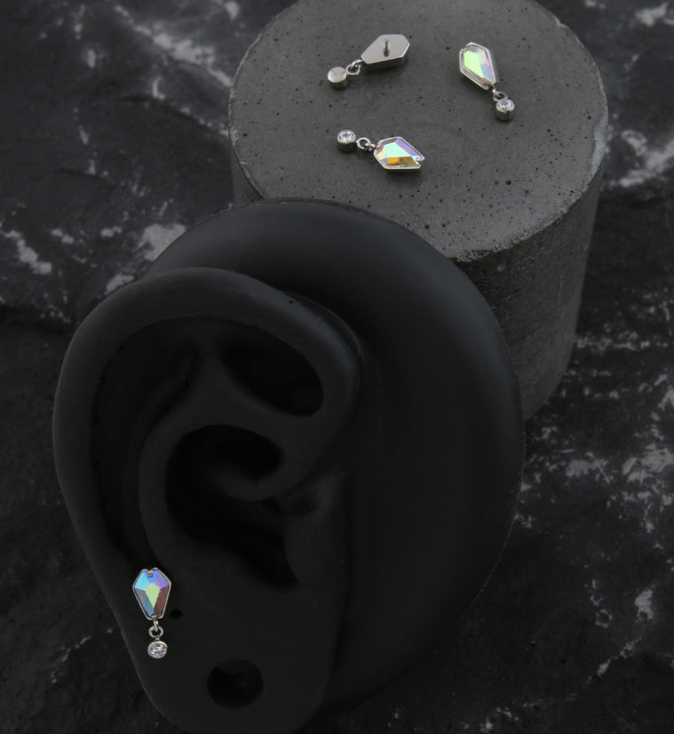 Coffin Rainbow Aurora CZ Dangle Clear CZ Internally Threaded Top