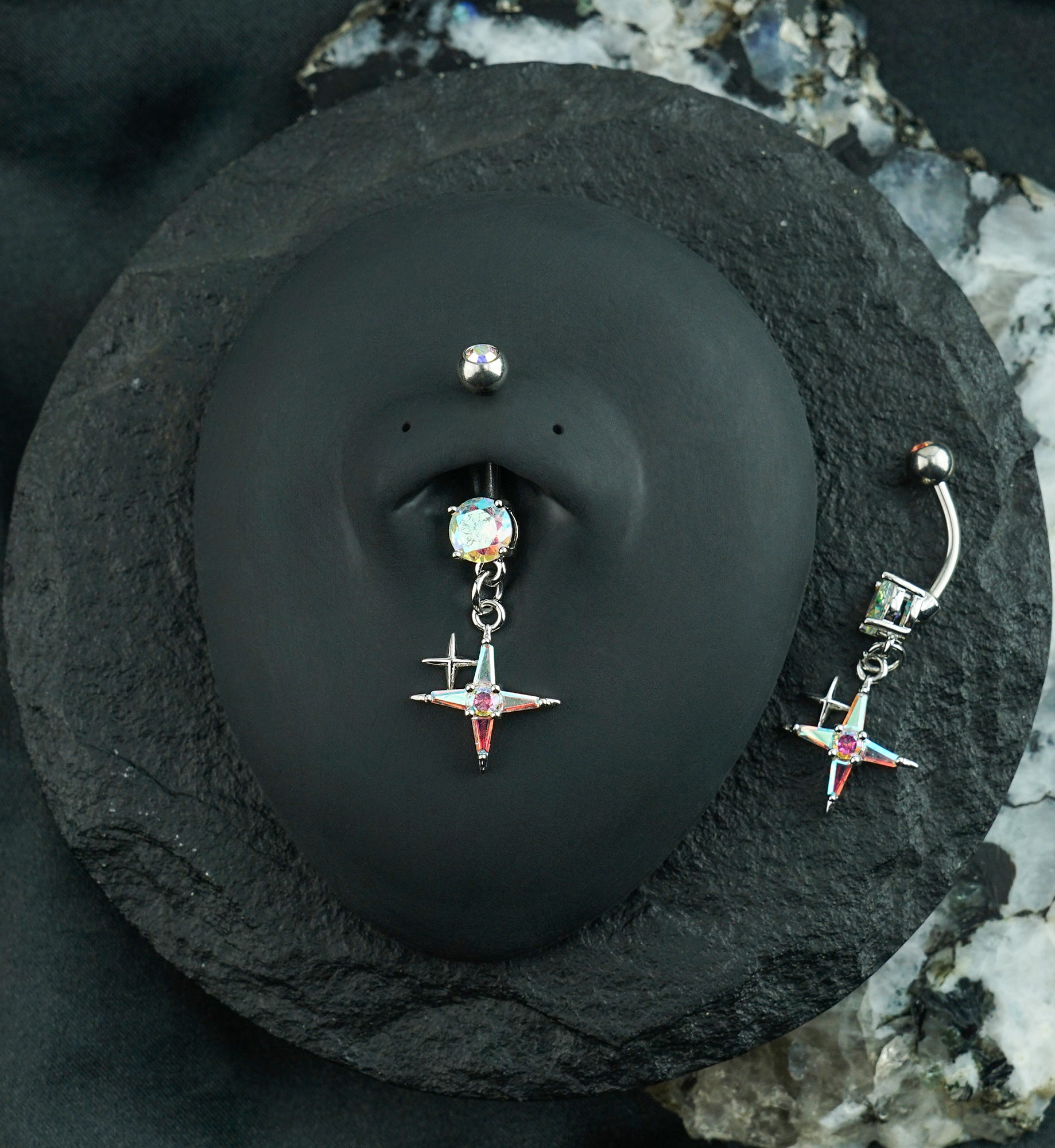 Compass Star Rainbow Aurora CZ Dangle Stainless Steel Belly Button Ring