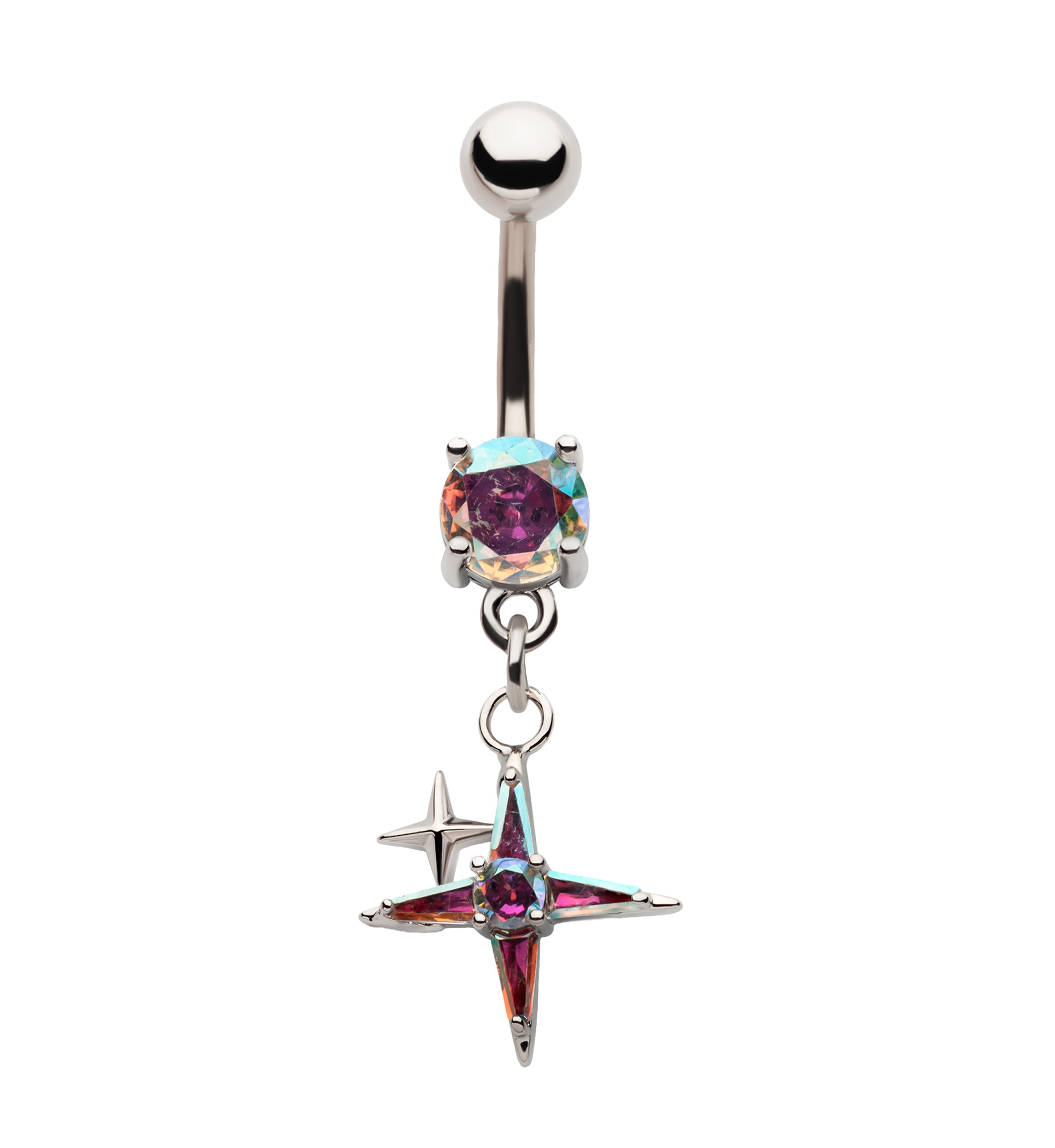 Compass Star Rainbow Aurora CZ Dangle Stainless Steel Belly Button Ring