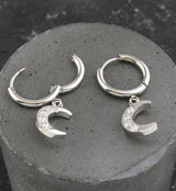 Crescent Moon CZ Dangle Stainless Steel Hinged Hoop Earrings