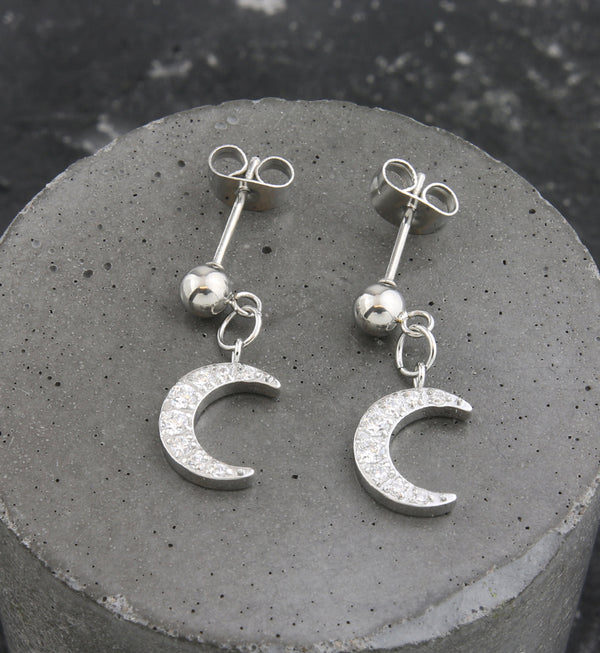 Crescent Moon CZ Dangle Stainless Steel Stud Earrings