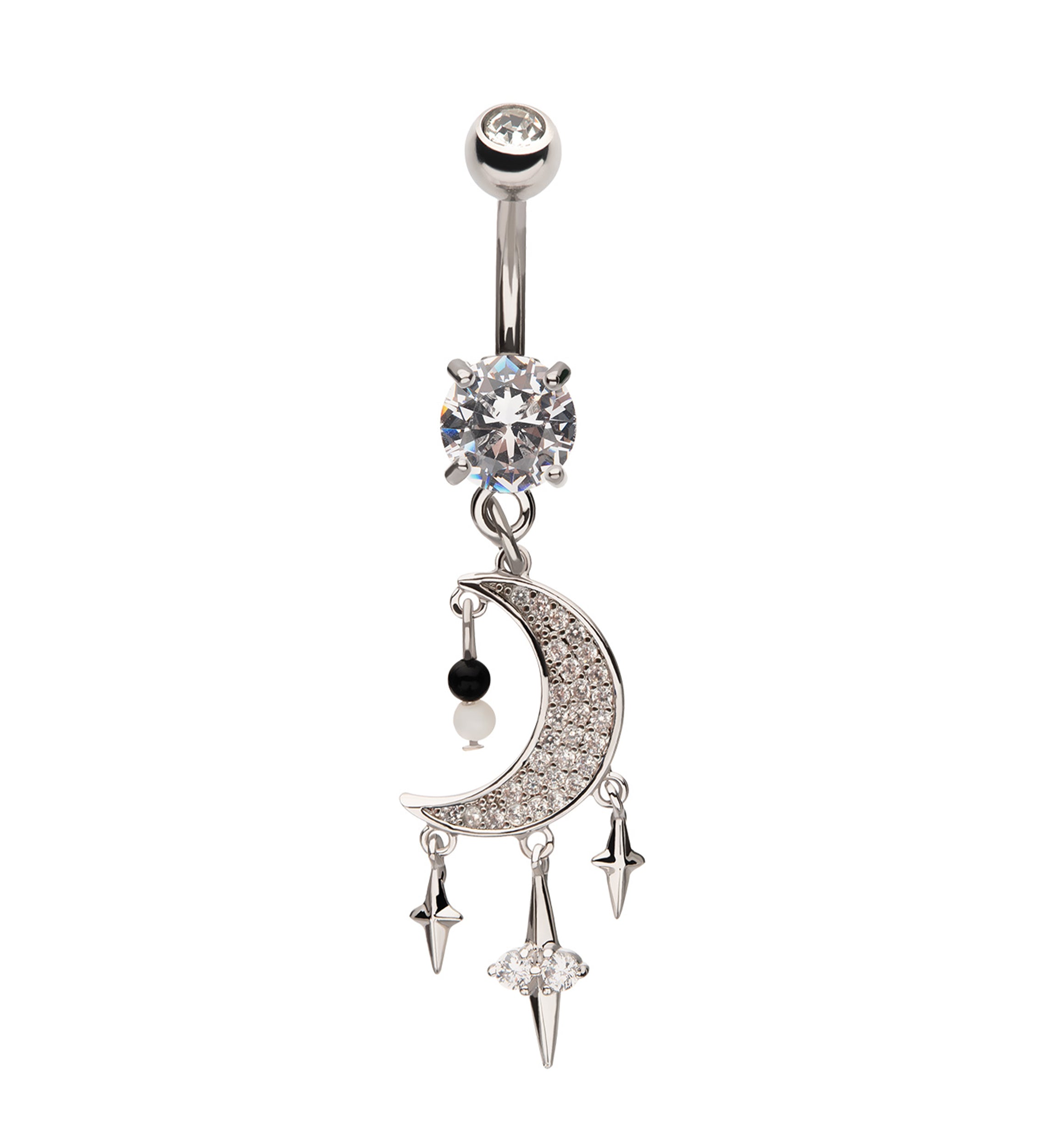 Crescent Moon With Triple Dangle Star Clear CZ Stainless Steel Belly Button Ring