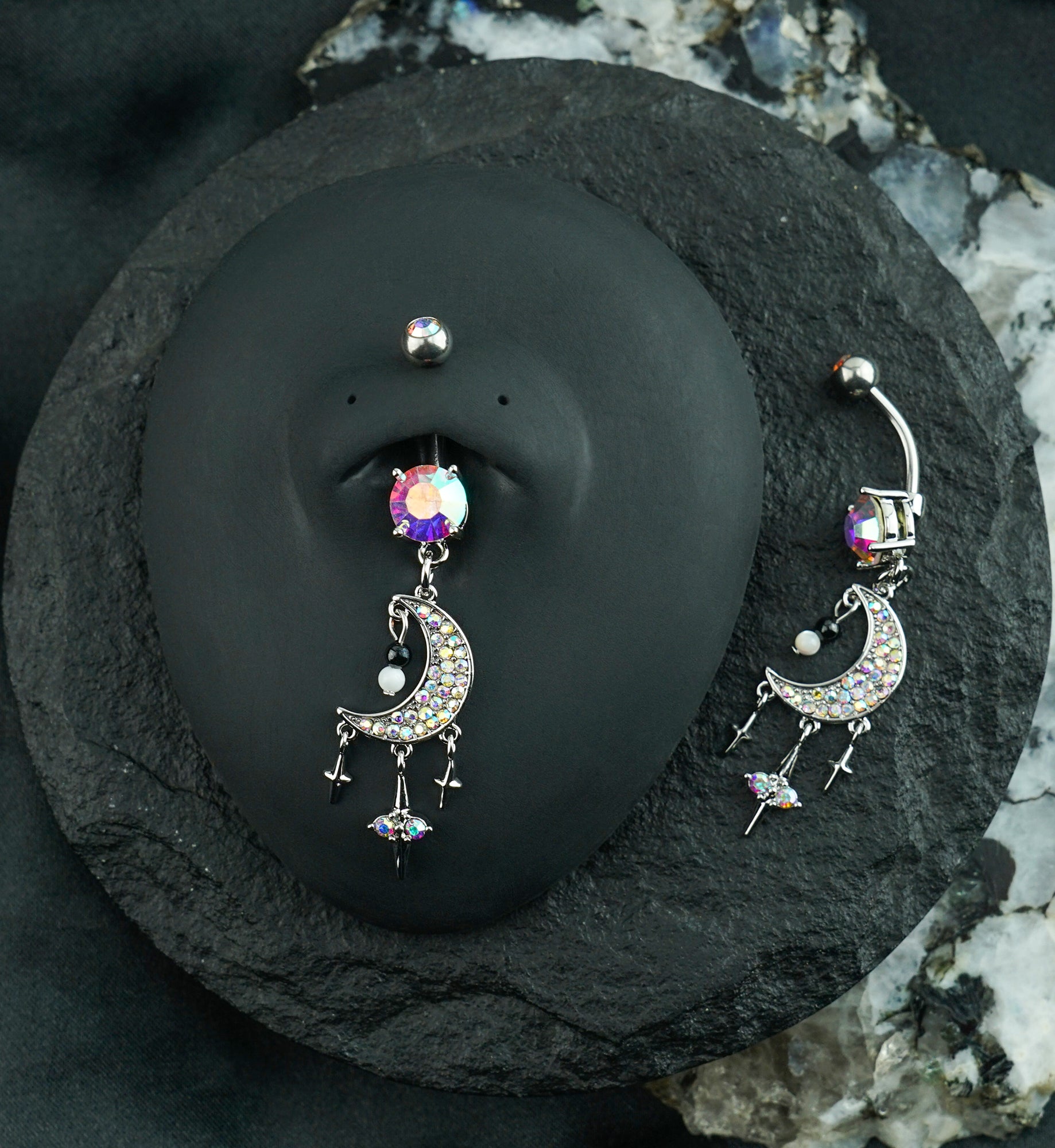 Crescent Moon With Triple Dangle Star Rainbow Aurora CZ Stainless Steel Belly Button Ring