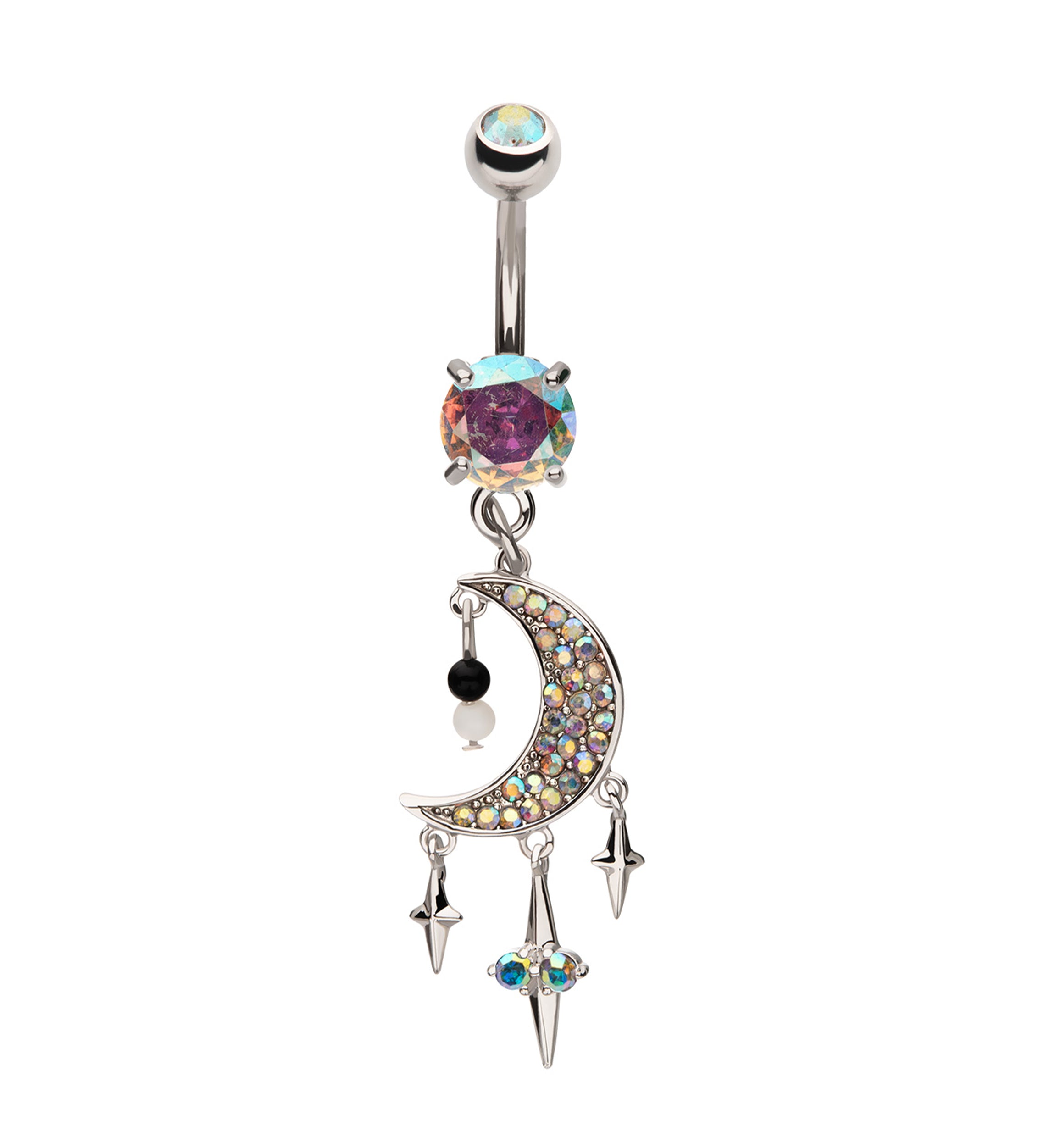Crescent Moon With Triple Dangle Star Rainbow Aurora CZ Stainless Steel Belly Button Ring