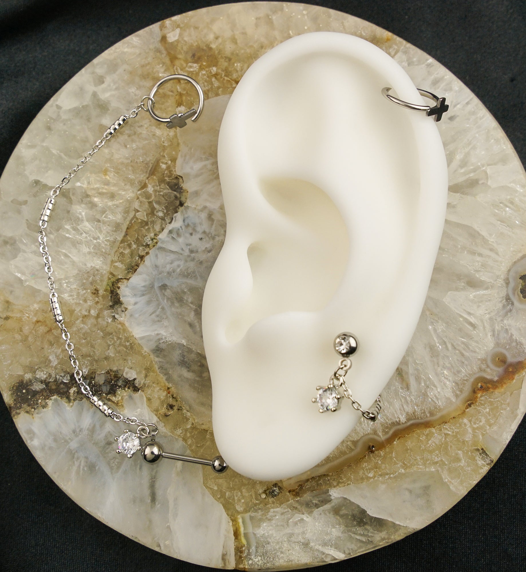 Cross Hoop/Barbell Clear CZ Stainless Steel Piercing Chain