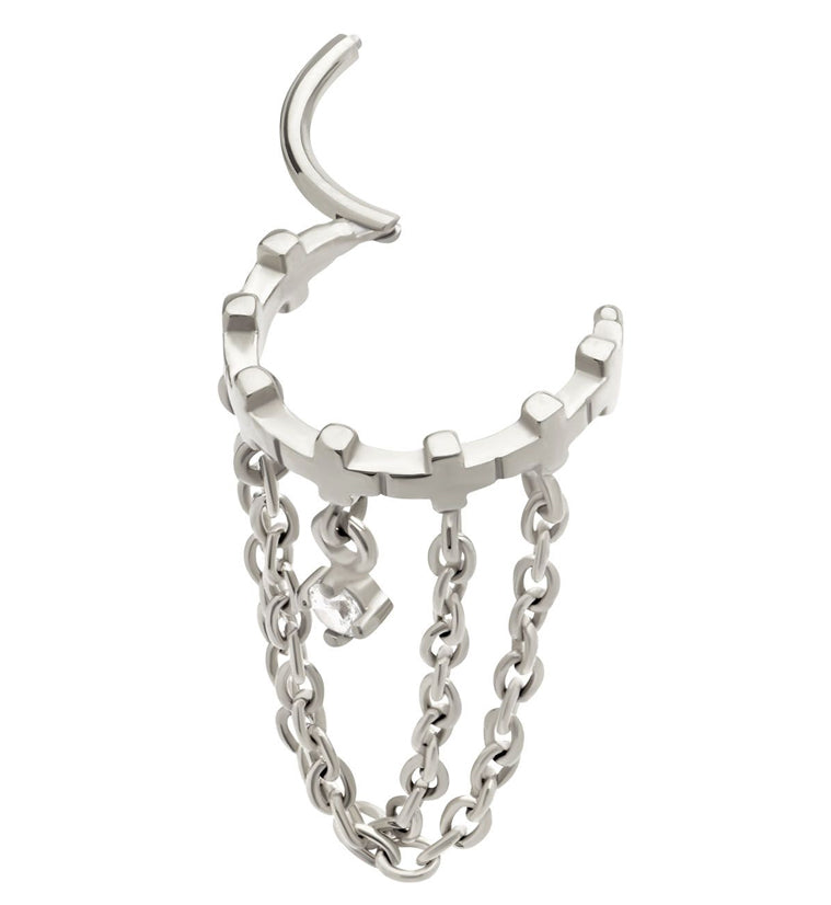 Cross Row Dangle Clear CZ Double Chain Stainless Steel Hinged Segment Ring