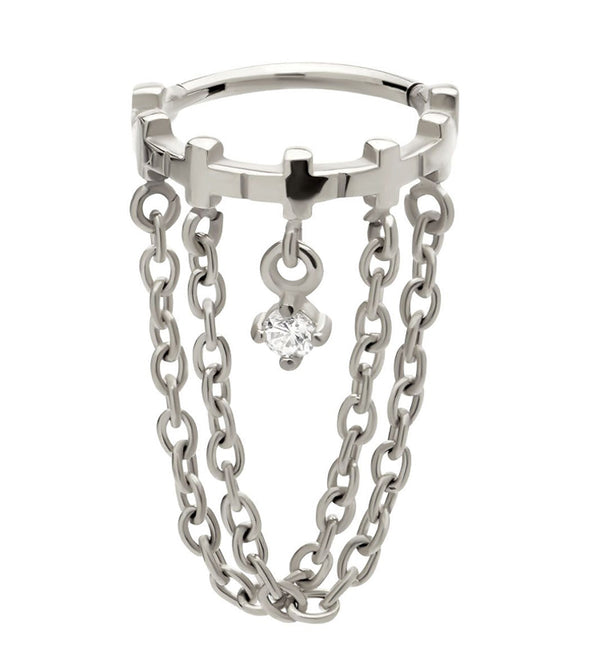 Cross Row Dangle Clear CZ Double Chain Stainless Steel Hinged Segment Ring