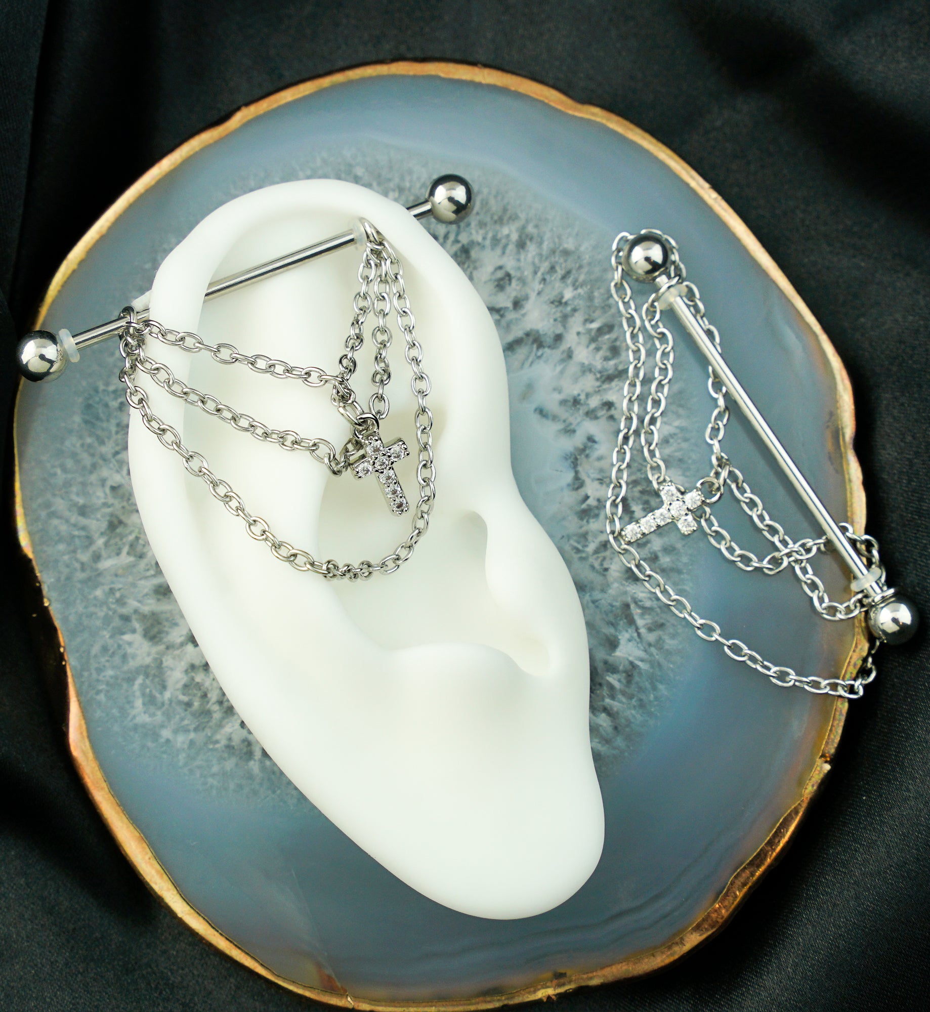 Cross Triple Chain Clear CZ Stainless Steel Industrial Barbell