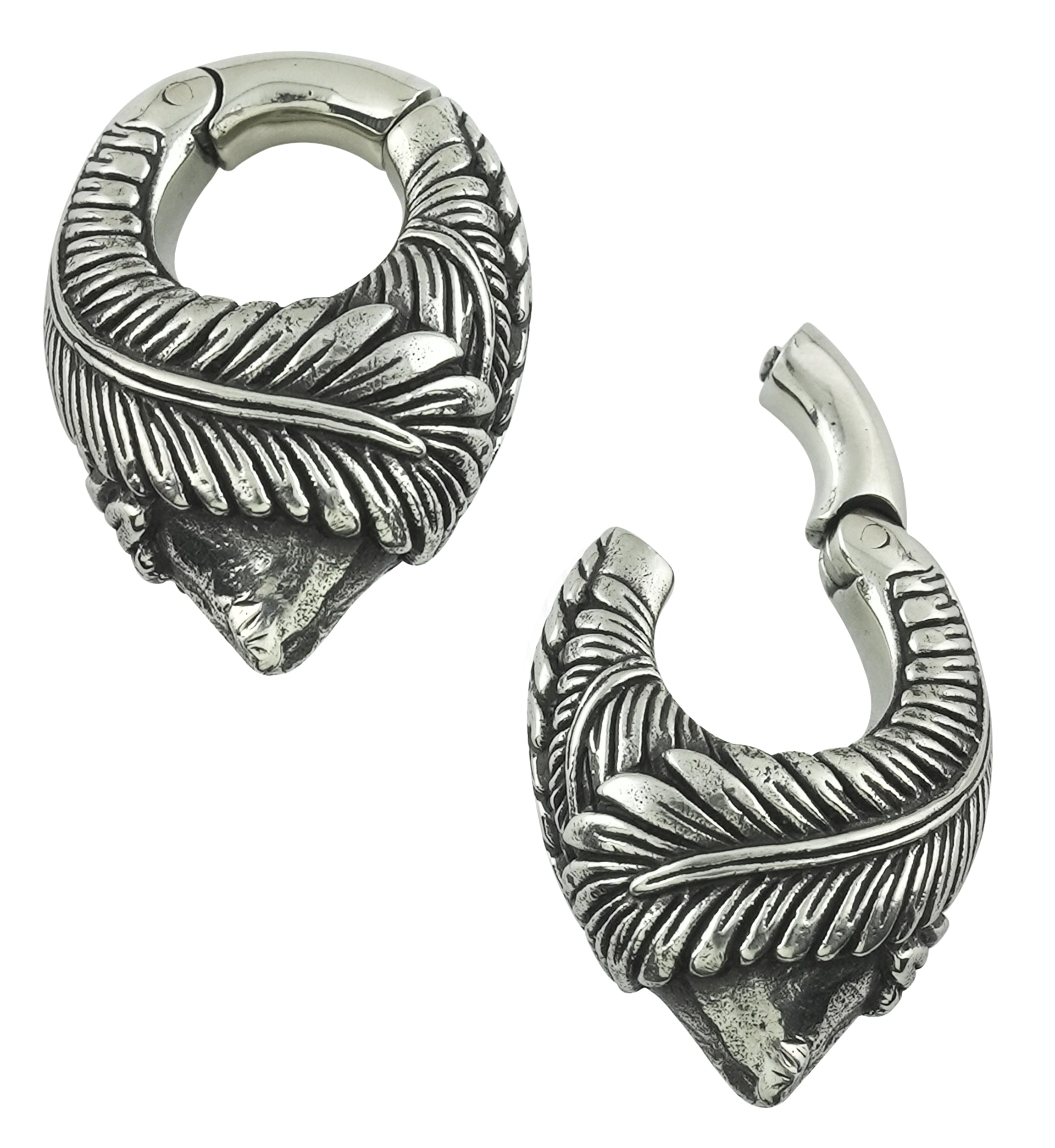 Crossed Feathers Keyhole White Brass Hinged Ear Weights