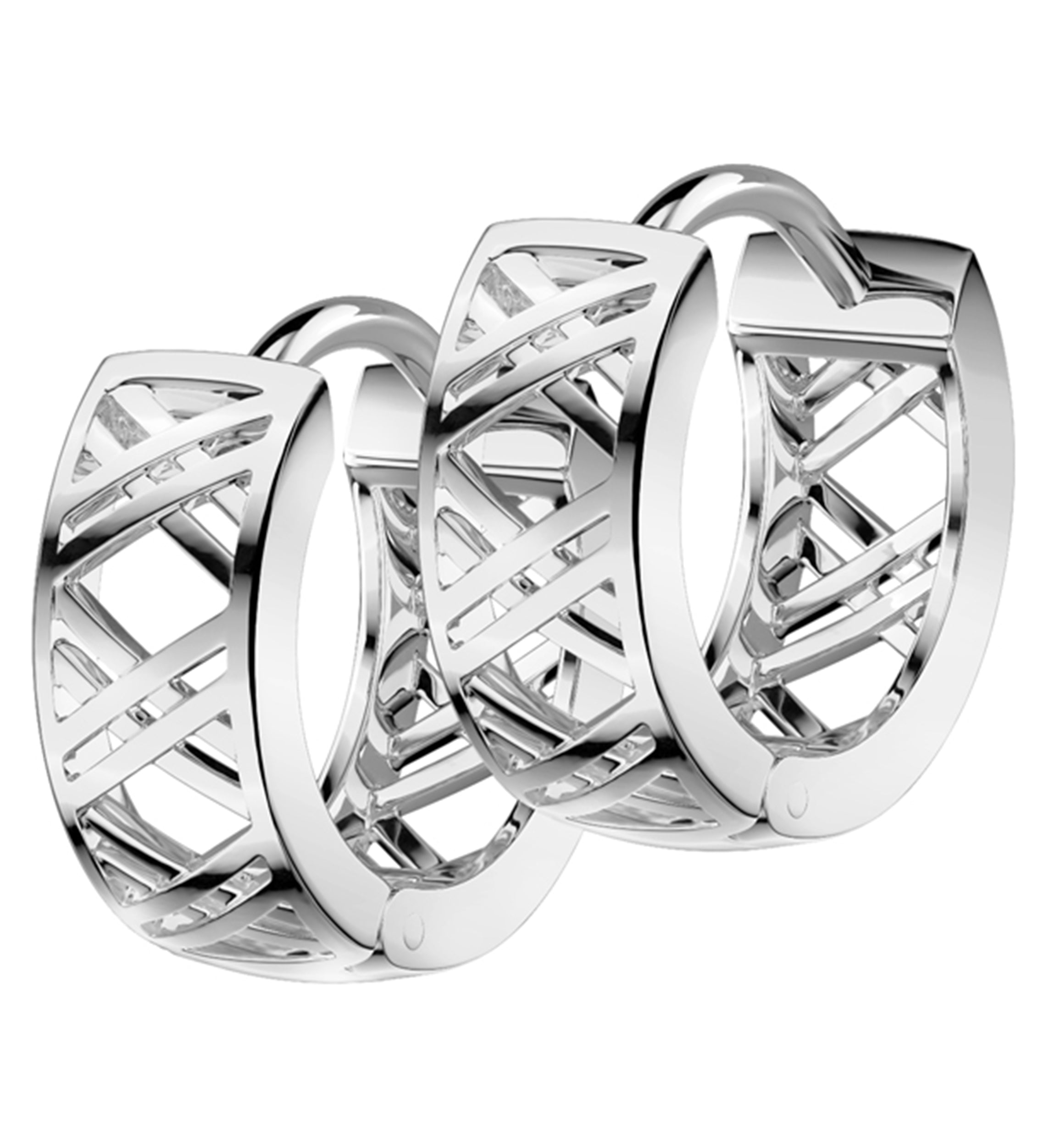 Crosshatch Stainless Steel Hinged Hoop Huggie Earrings