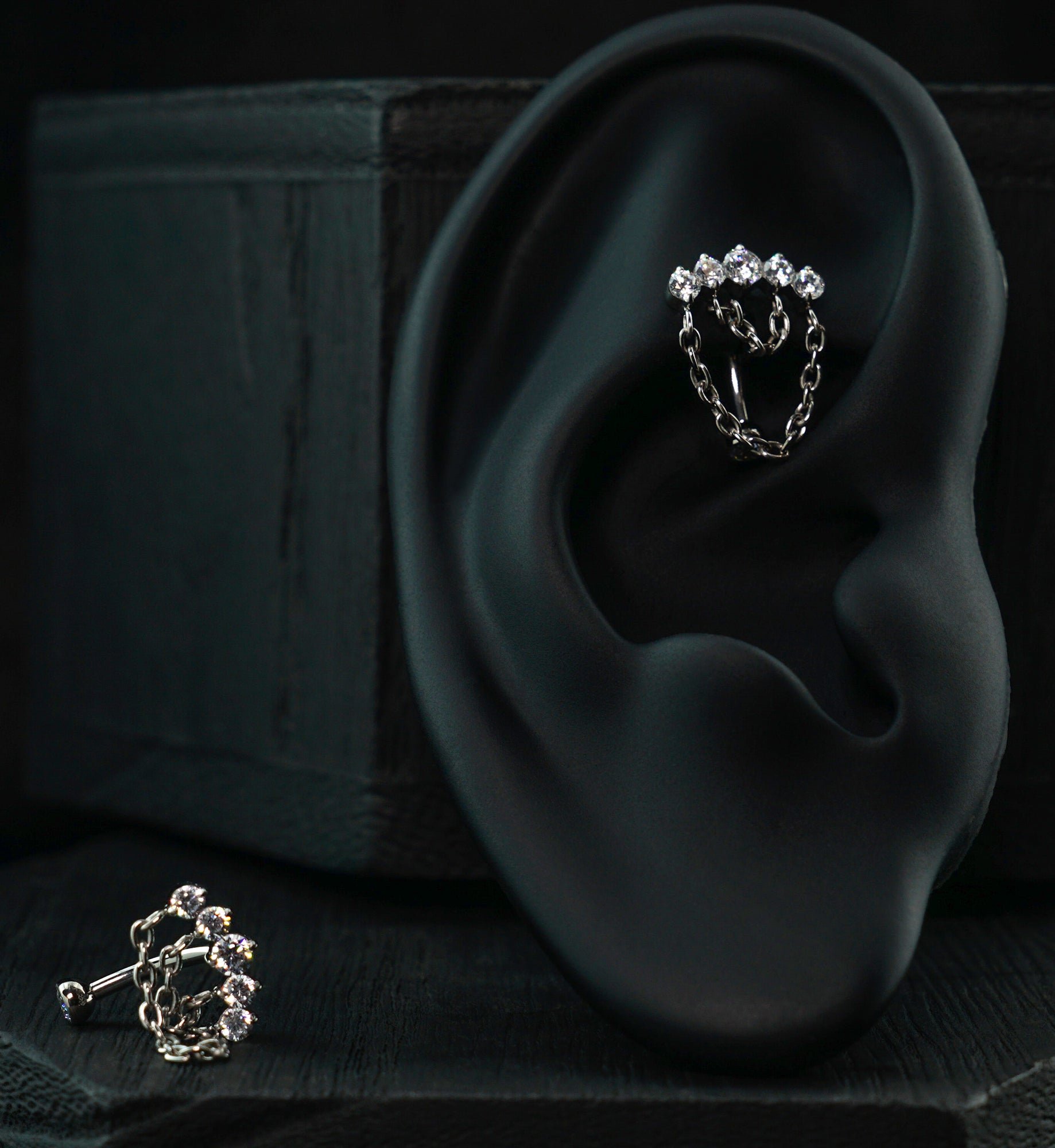 Curve Clear CZ Double Chain Dangle Titanium Internally Threaded Curved Barbell